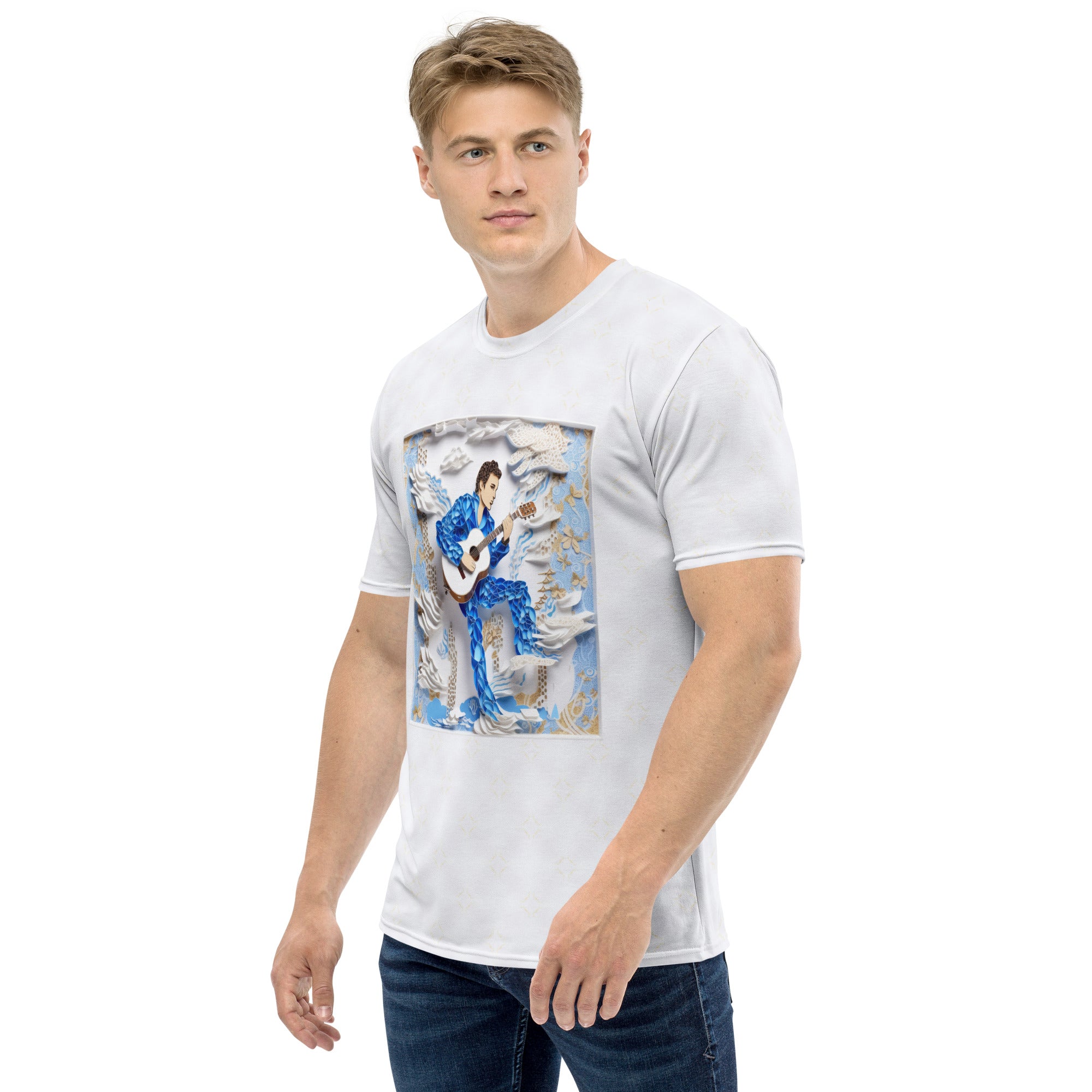 Geometric pattern men's crew neck t-shirt in stylish design.