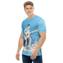 Samurai silhouette design on men's crew neck t-shirt.