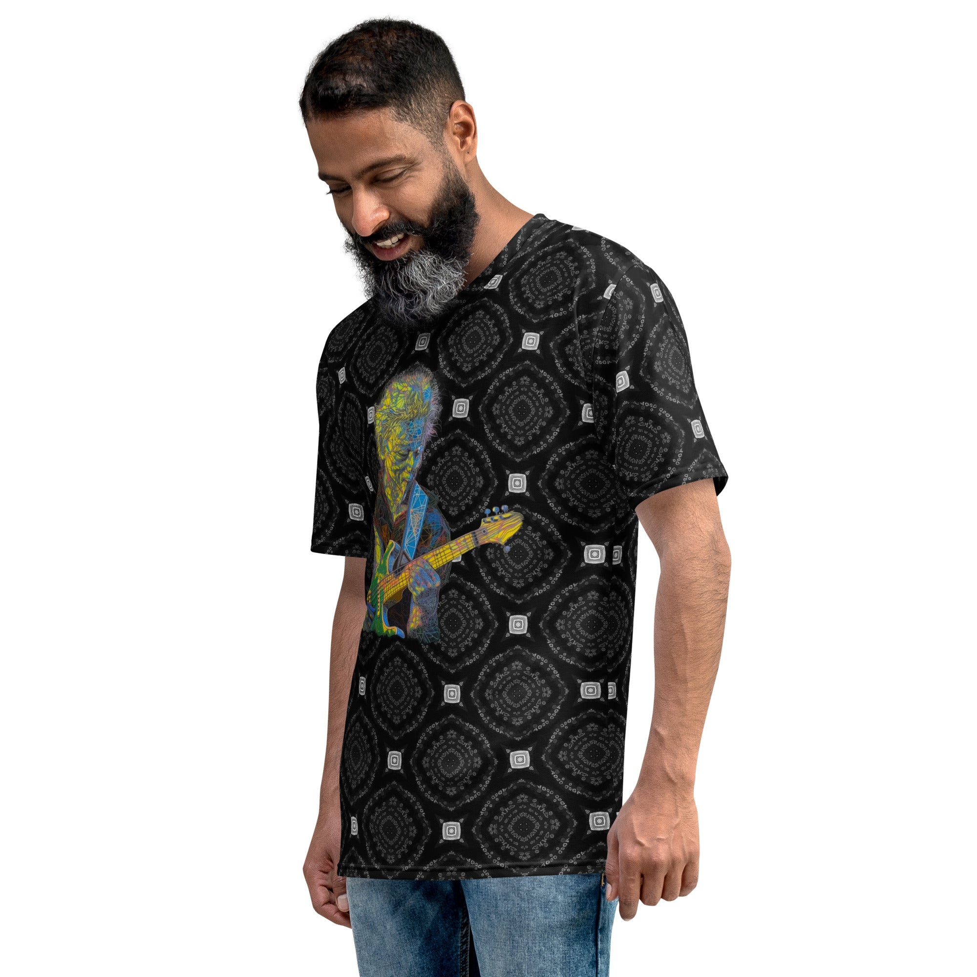 Bold and colorful psychedelic fusion t-shirt for men, crew neck style.