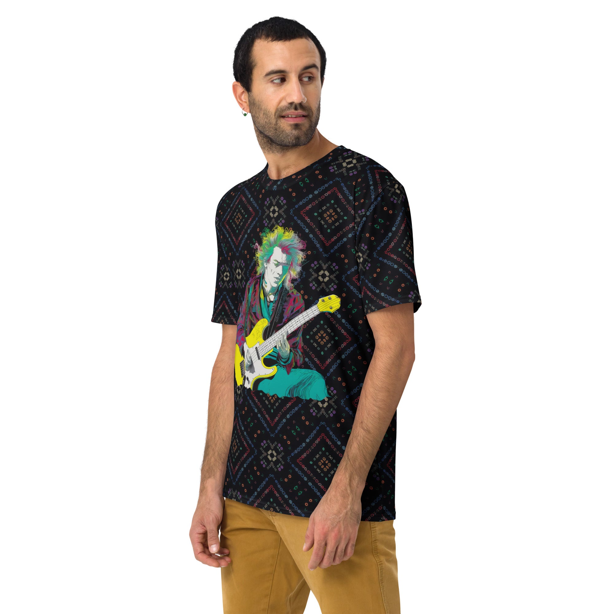 Man wearing Bold Brushstrokes crew neck t-shirt, showcasing front design.