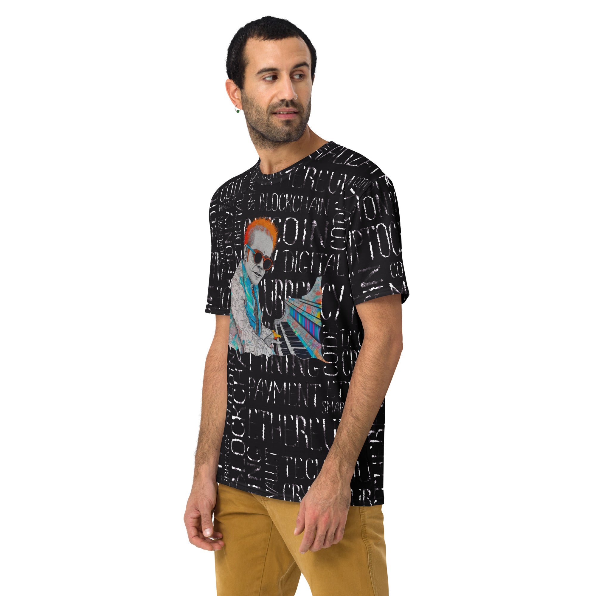 Man wearing Whimsical Wonder Crew Neck T-Shirt, casual style.