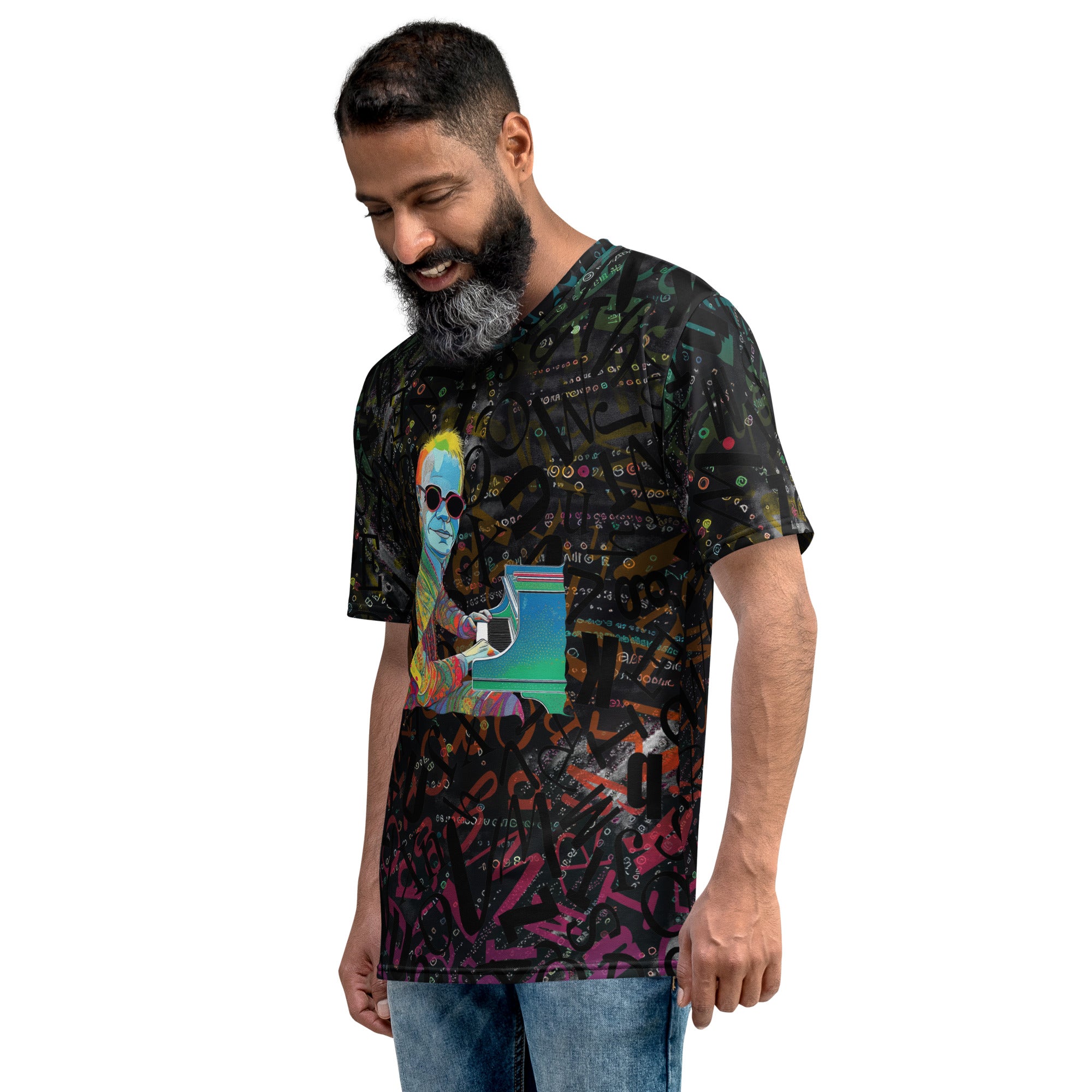 Man wearing Vibrant Vibes crew neck T-Shirt outdoors.