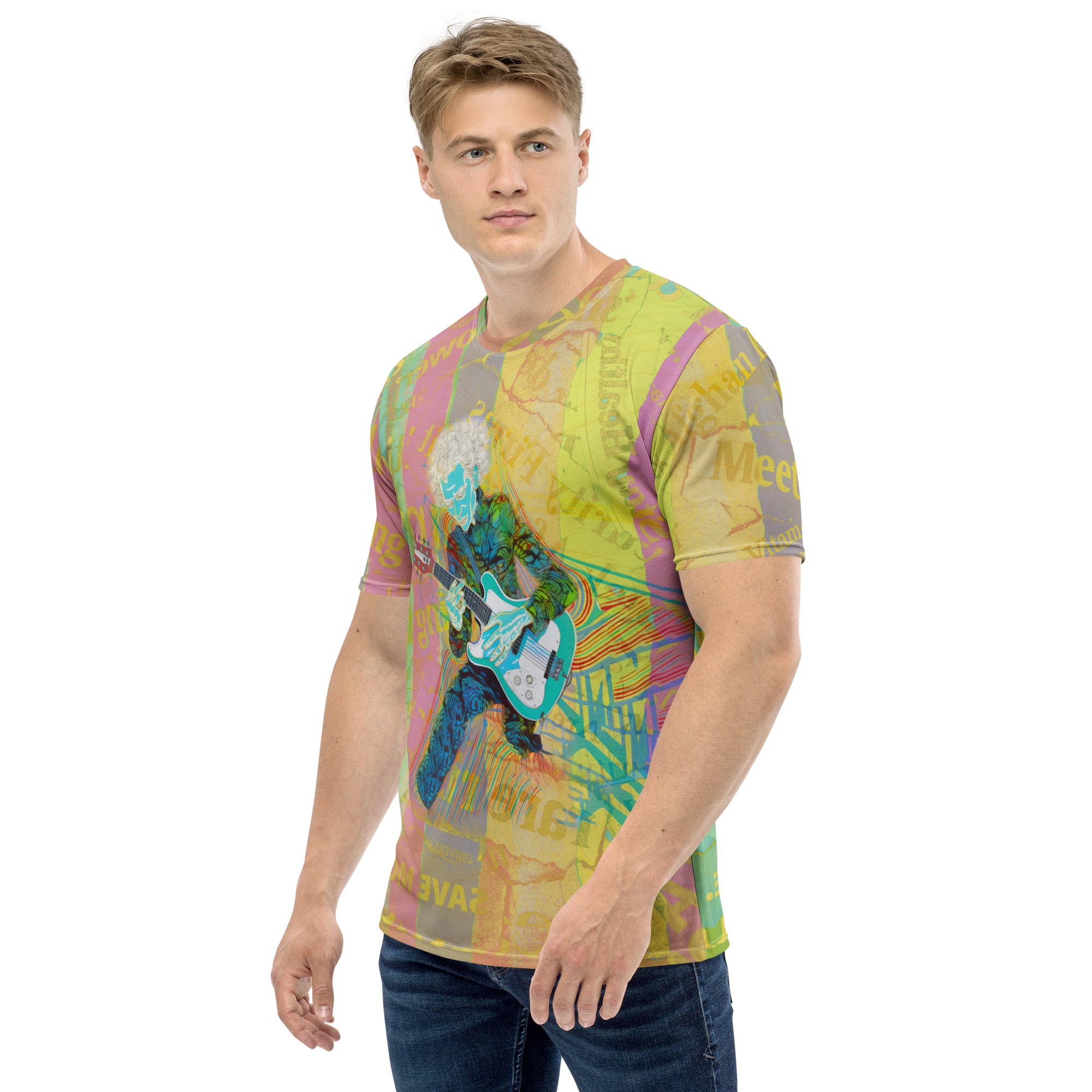 Back view of men's crew neck t-shirt featuring a unique psychedelic splash pattern.