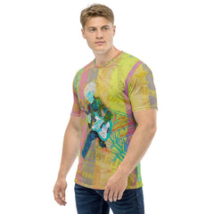 Back view of men's crew neck t-shirt featuring a unique psychedelic splash pattern.