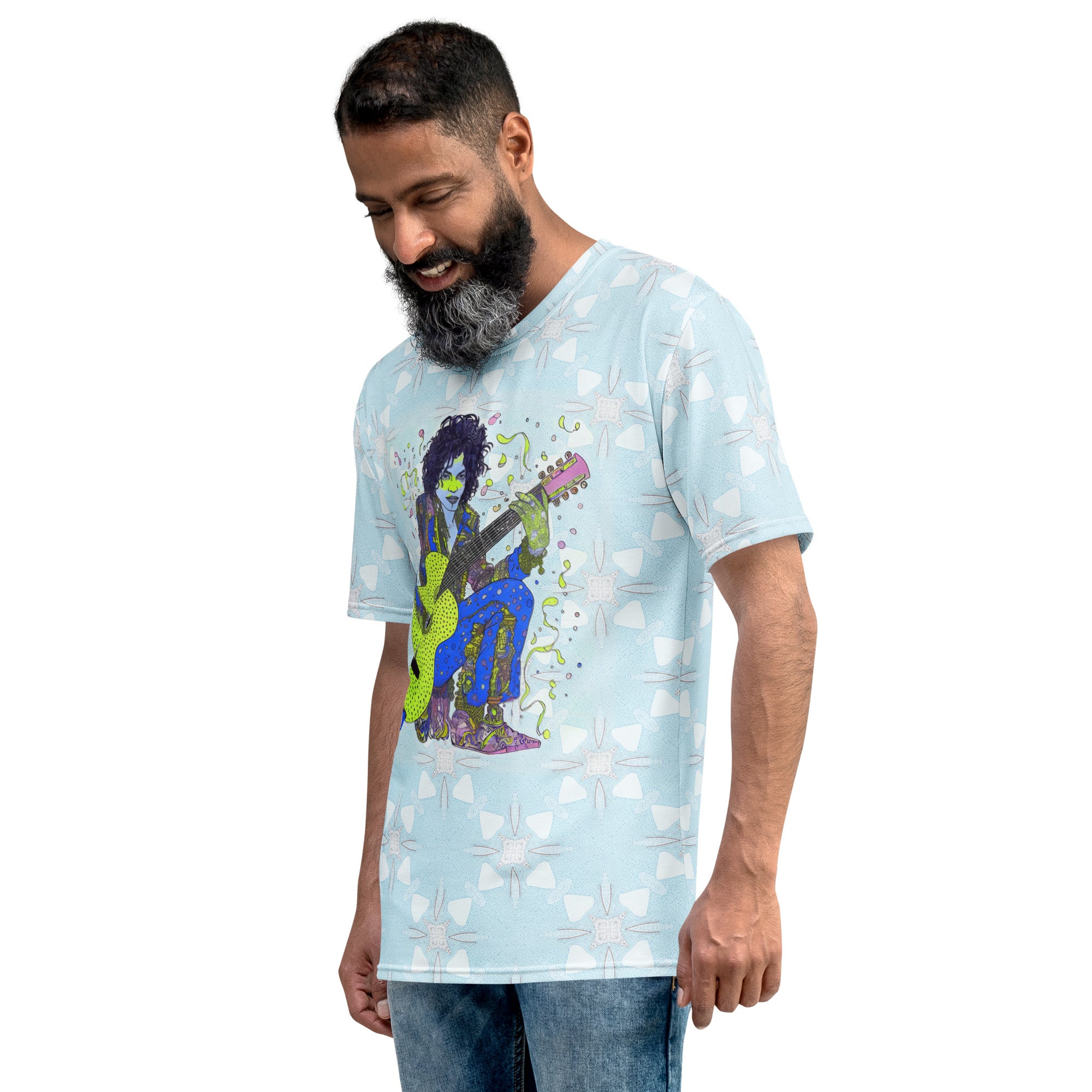 Side view of the Floral Fantasy Men's Crewneck Tee showcasing its fit.