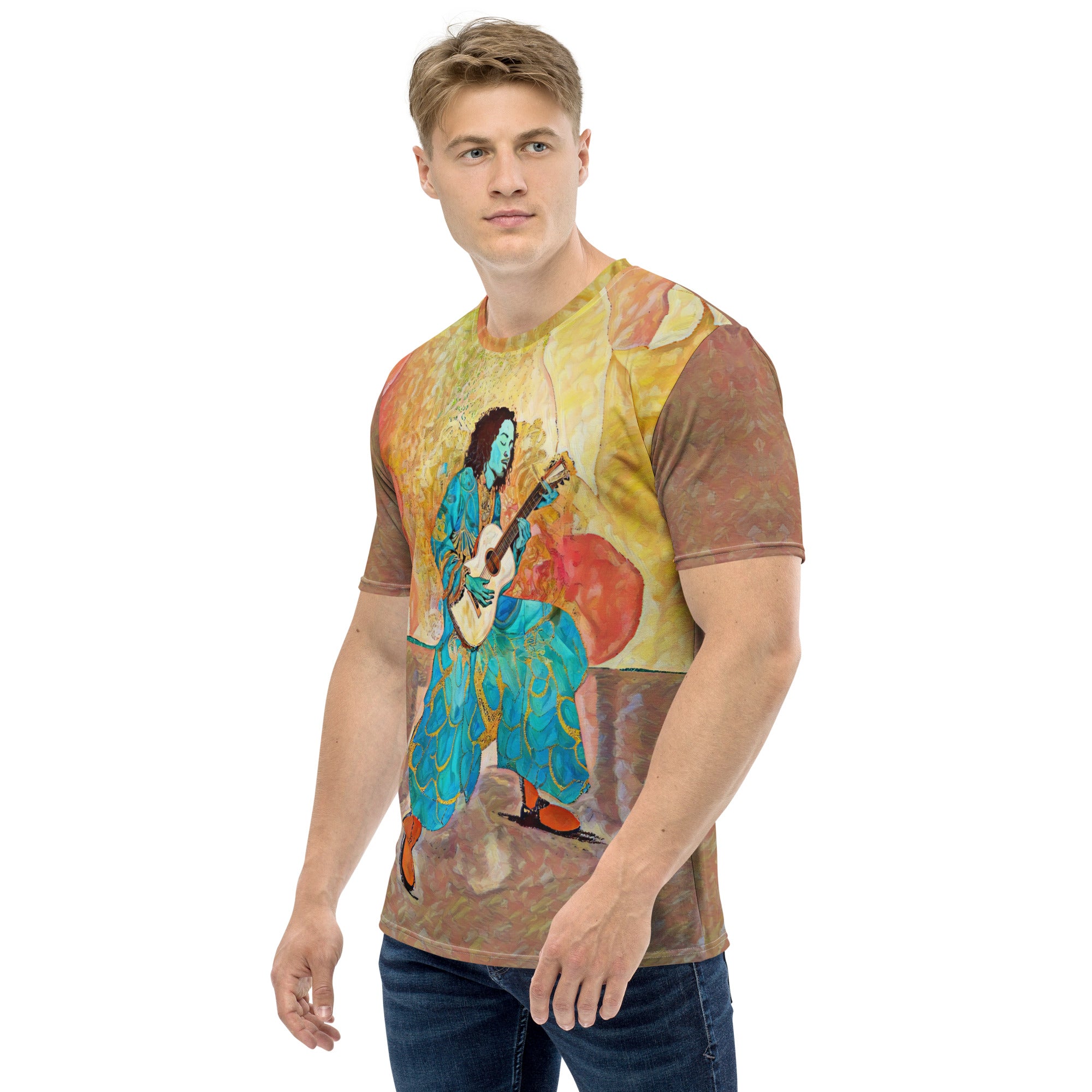 Whimsical Wildflowers Men's Crew Neck T-Shirt on a clothing rack.