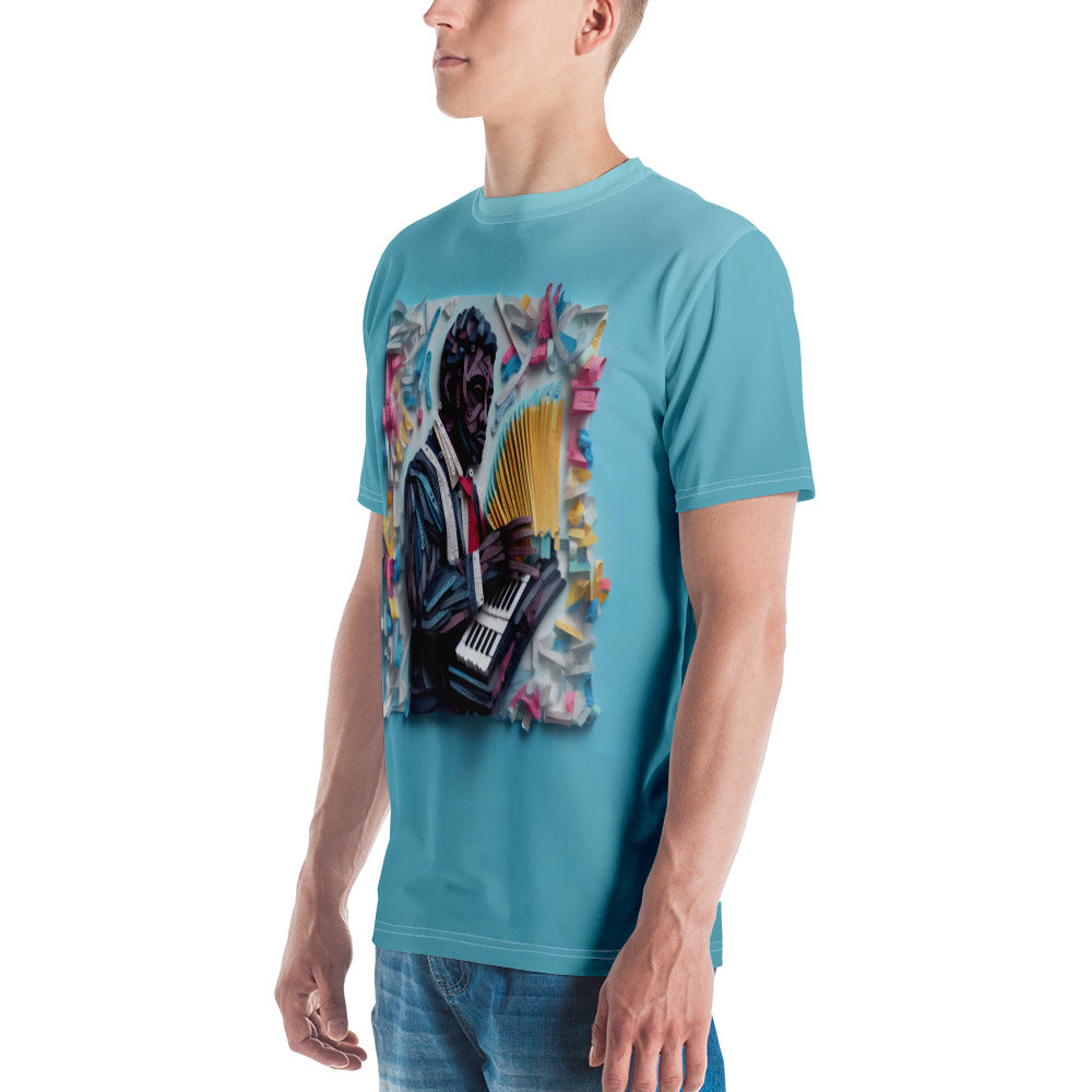 Men's t-shirt featuring geometric crane pattern.