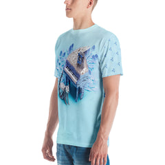 Man wearing Origami Ocean Waves Men's Crew Neck T-Shirt outdoors.