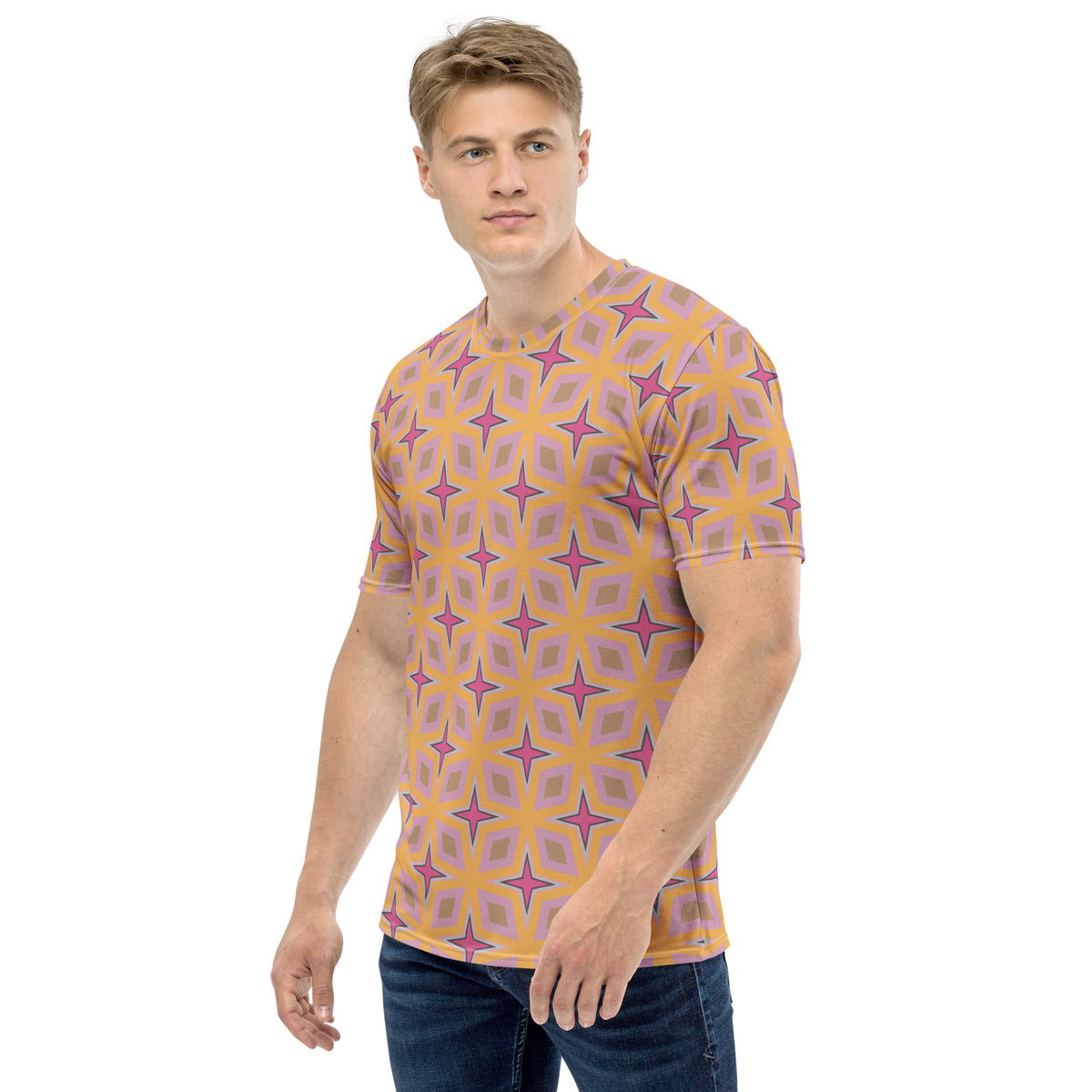 Close-up of optical illusion pattern on men's tee