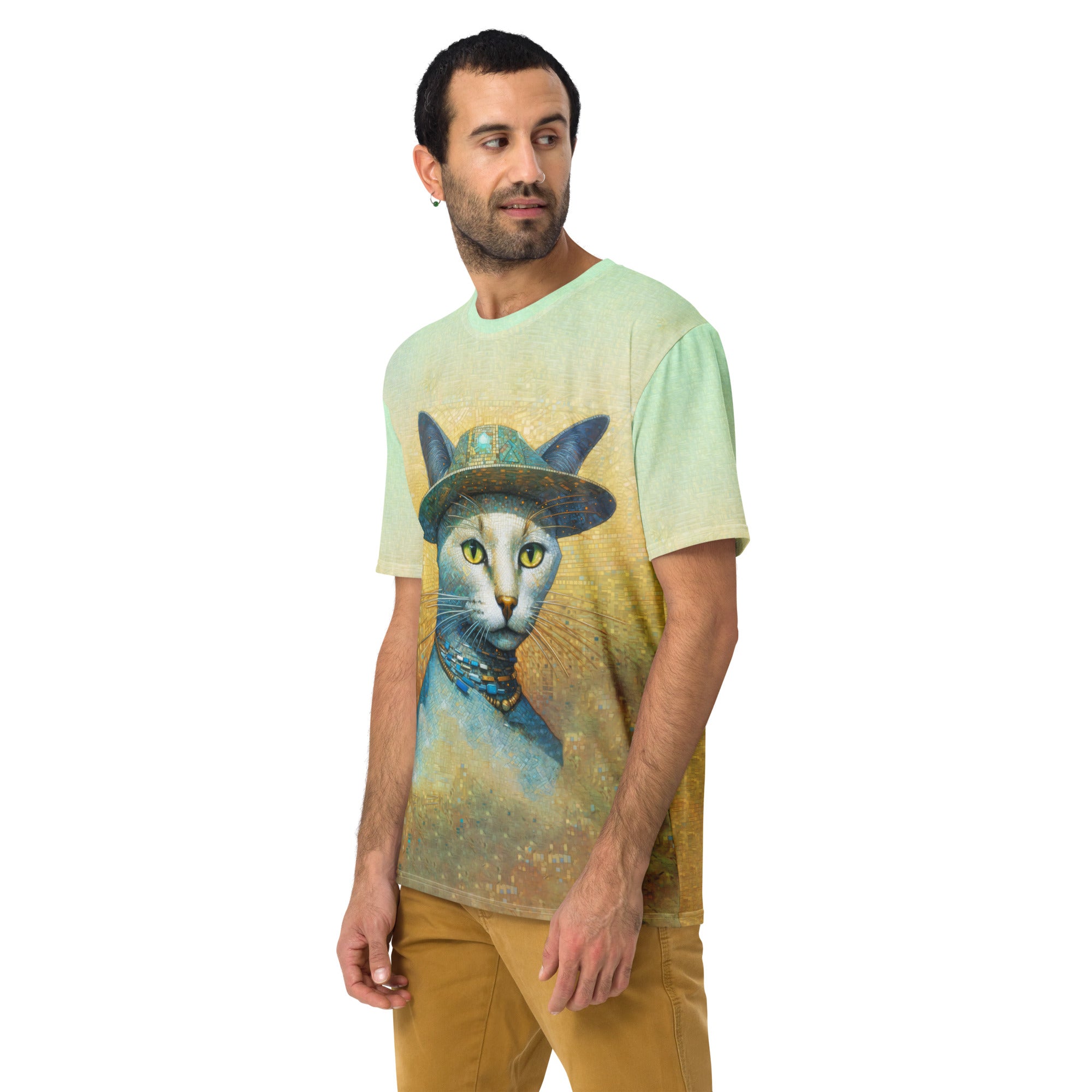 Casual men's t-shirt featuring playful cat graphics