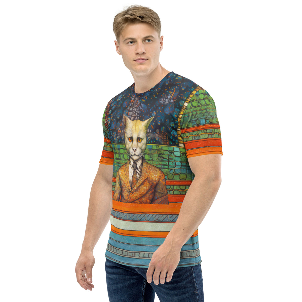 Cat Nap printed men's crewneck t-shirt in full display.