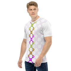 Bold floral pattern men's crew neck T-shirt close-up.