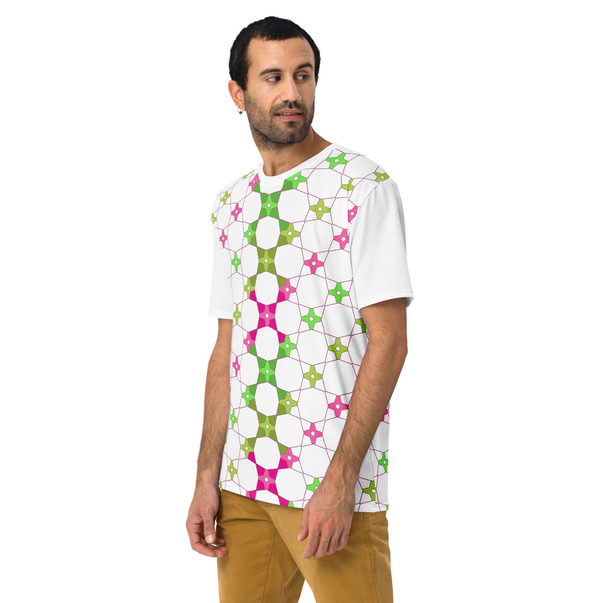 Stylish man posing in abstract geometry crew neck shirt.