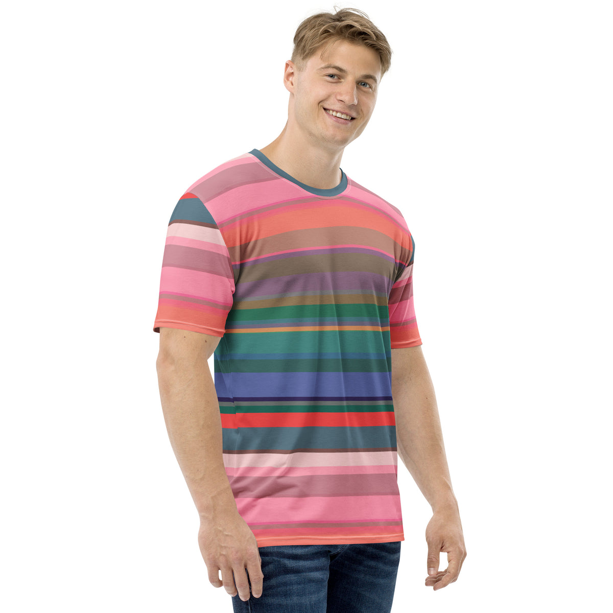 Electric Sunrise Colorful Stripe All-Over Print Men's Crew Neck T-Shirt