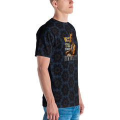 Fashionable Jungle Tiger Safari Men's T-shirt laid flat on a wooden background