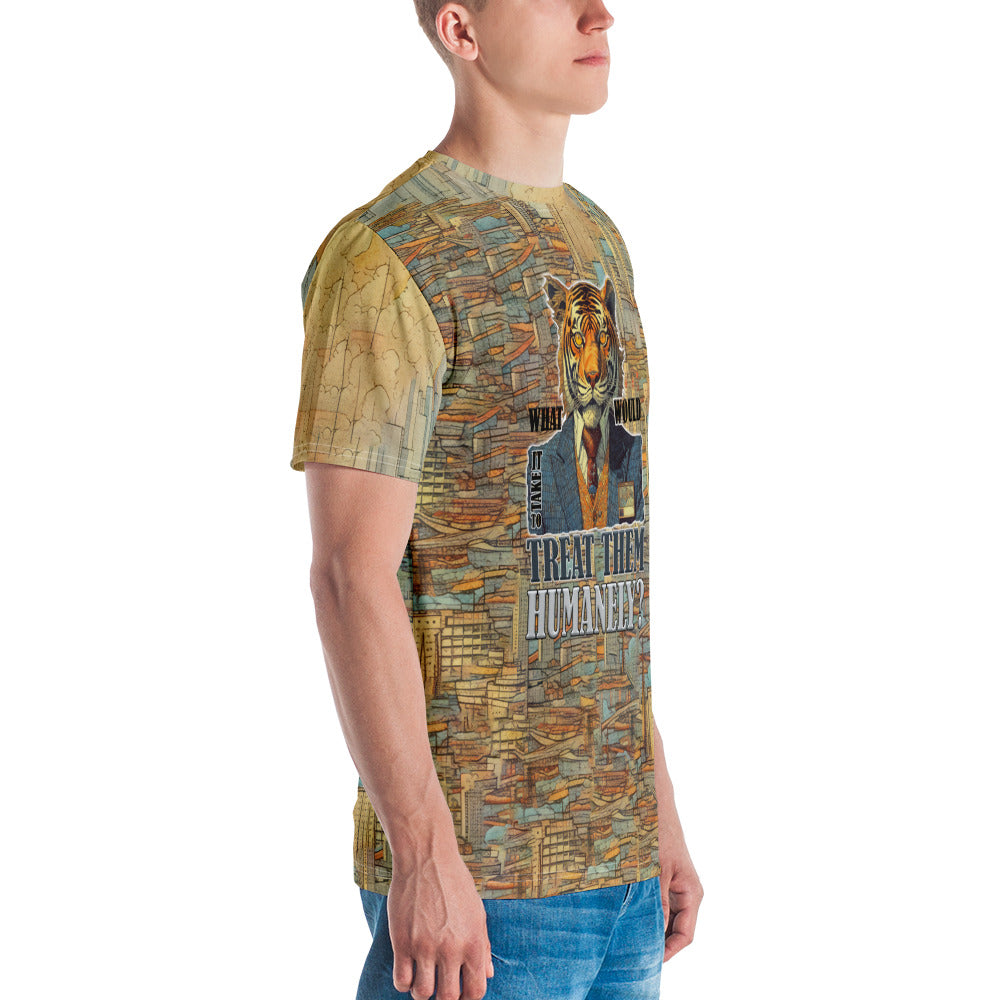 Urban style men's t-shirt featuring a unique skateboarding bulldog illustration