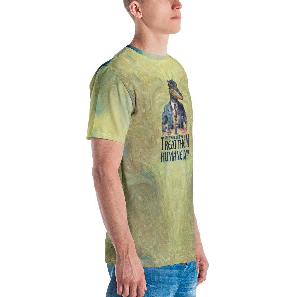 Casual men's t-shirt featuring a relaxed surfer sloth on the beach.