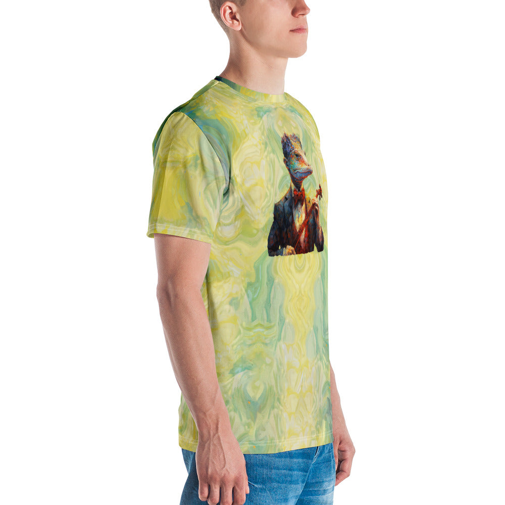 Unique men's crew neck t-shirt featuring a galactic giraffe exploring space.