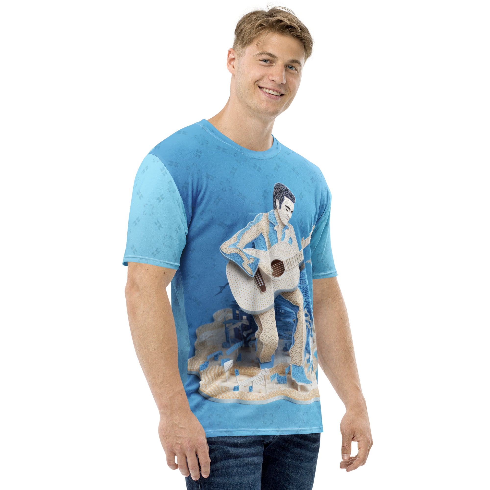 Trendy men's crew neck t-shirt with samurai silhouette print.