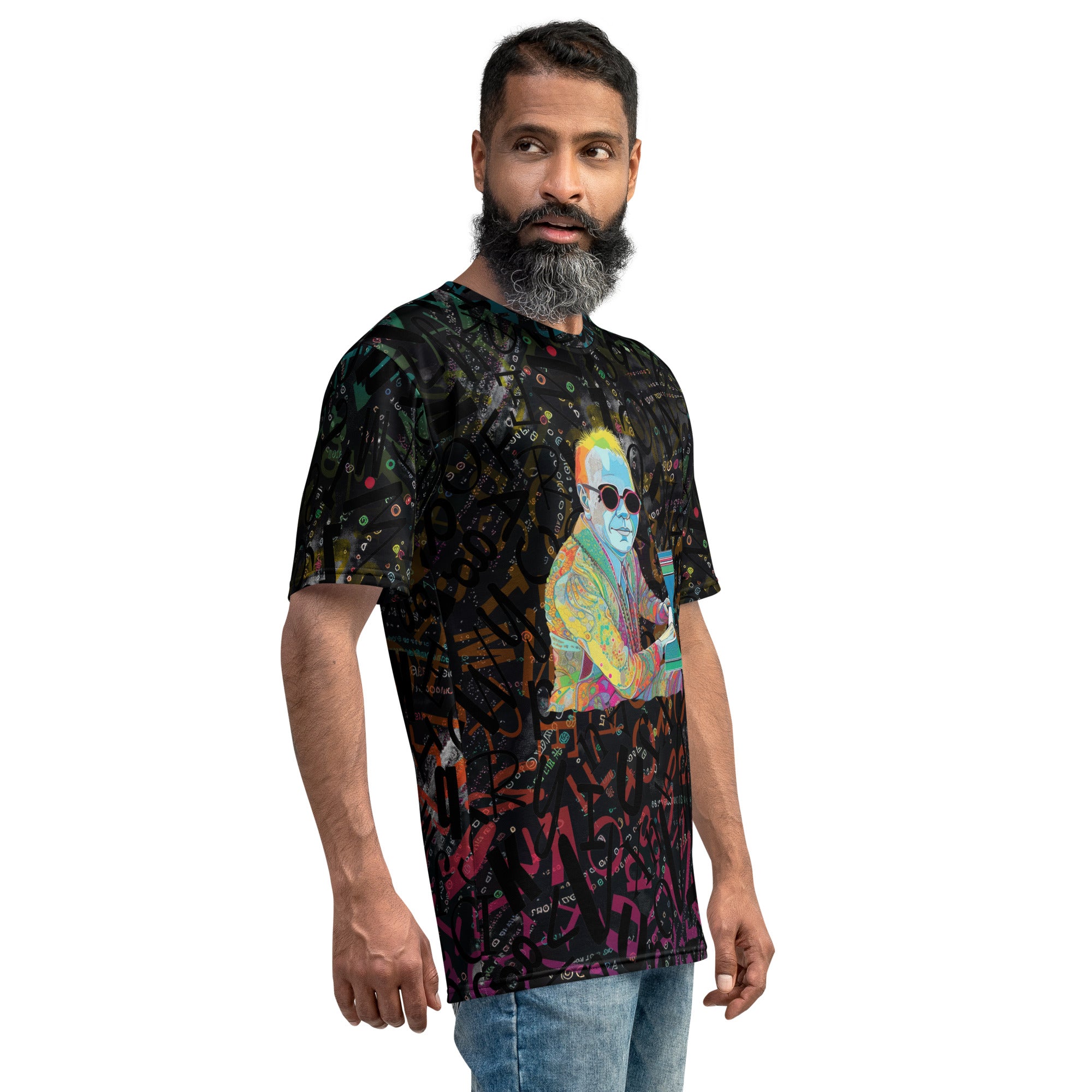 Rear view of Vibrant Vibes Men's Crew Neck T-Shirt showcasing design.