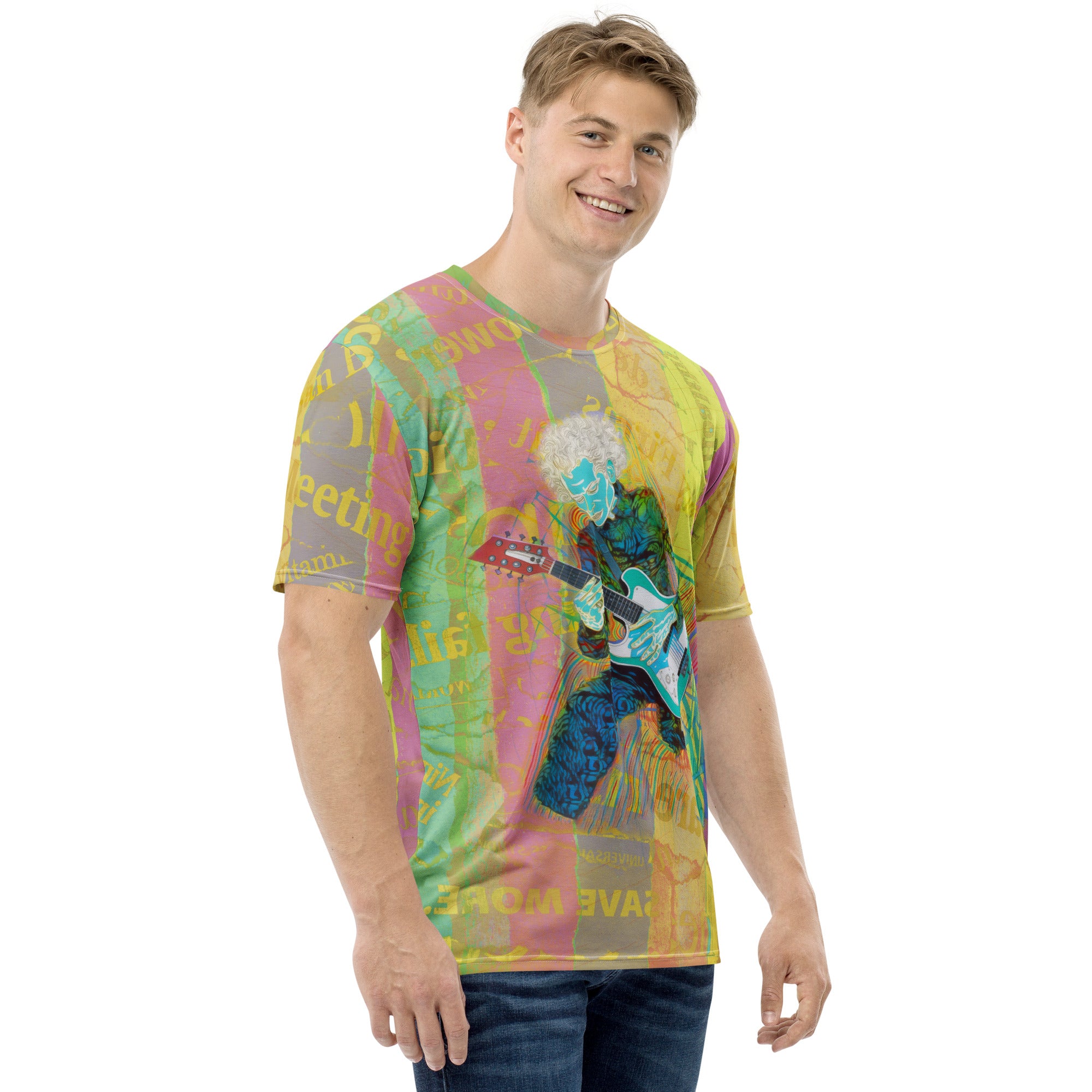 Psychedelic splash pattern on men's crew neck t-shirt with bright colors.