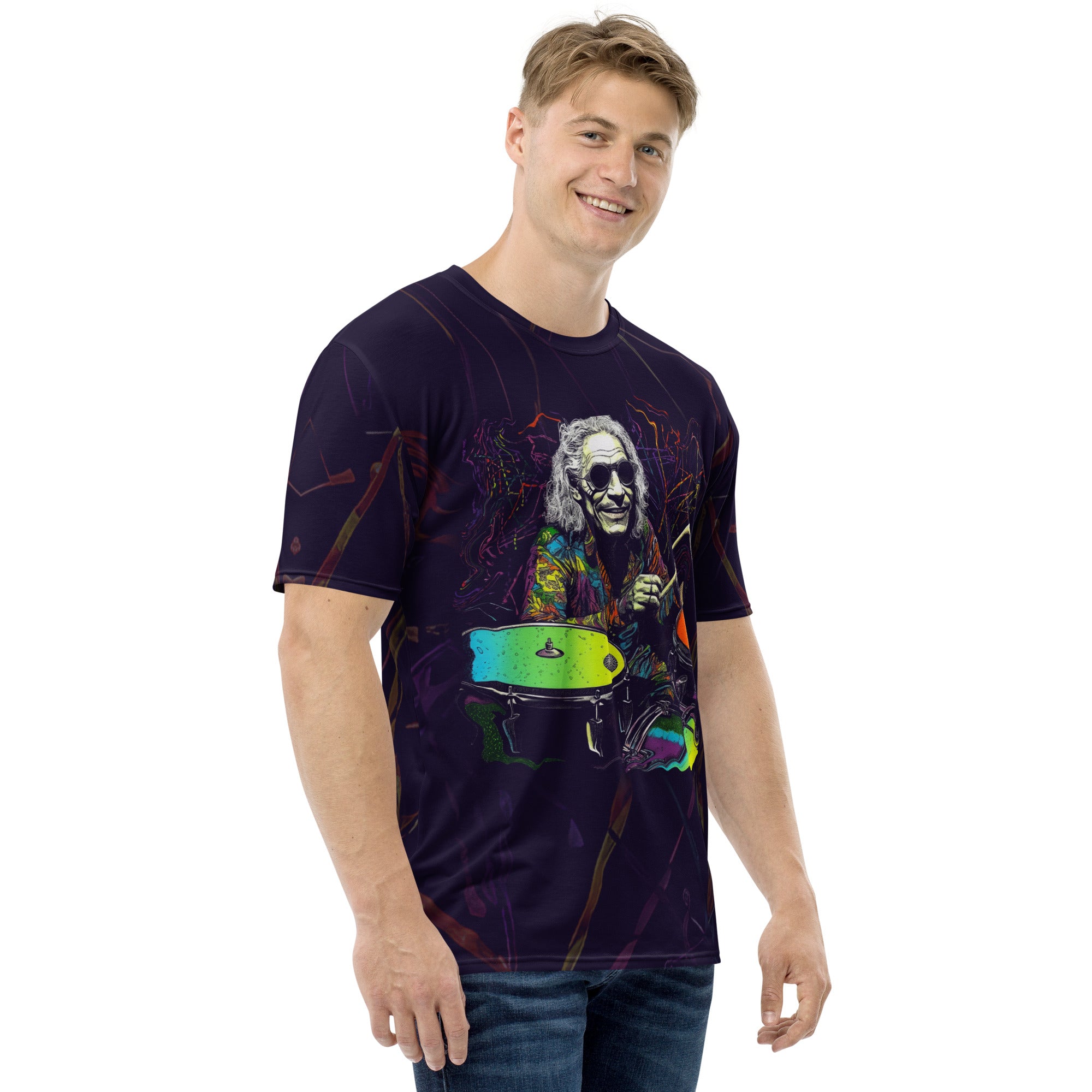 Floral Harmony Men's Crew Neck T-Shirt on a clothing rack.