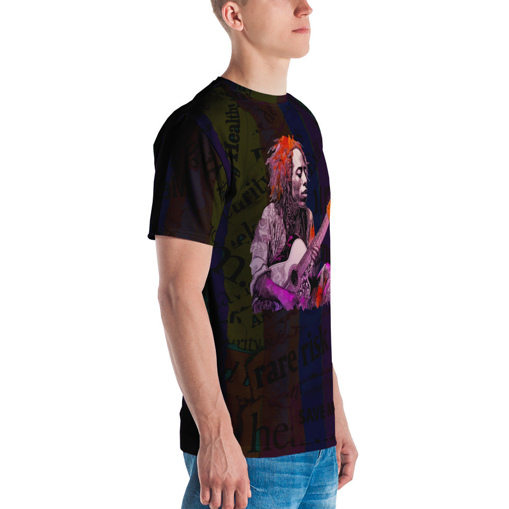 Model wearing Botanical Bliss Men's Crew Neck T-Shirt with jeans.