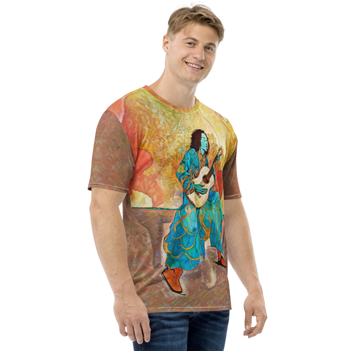 Whimsical Wildflowers Men's Crew Neck T-Shirt on a clothing mannequin.