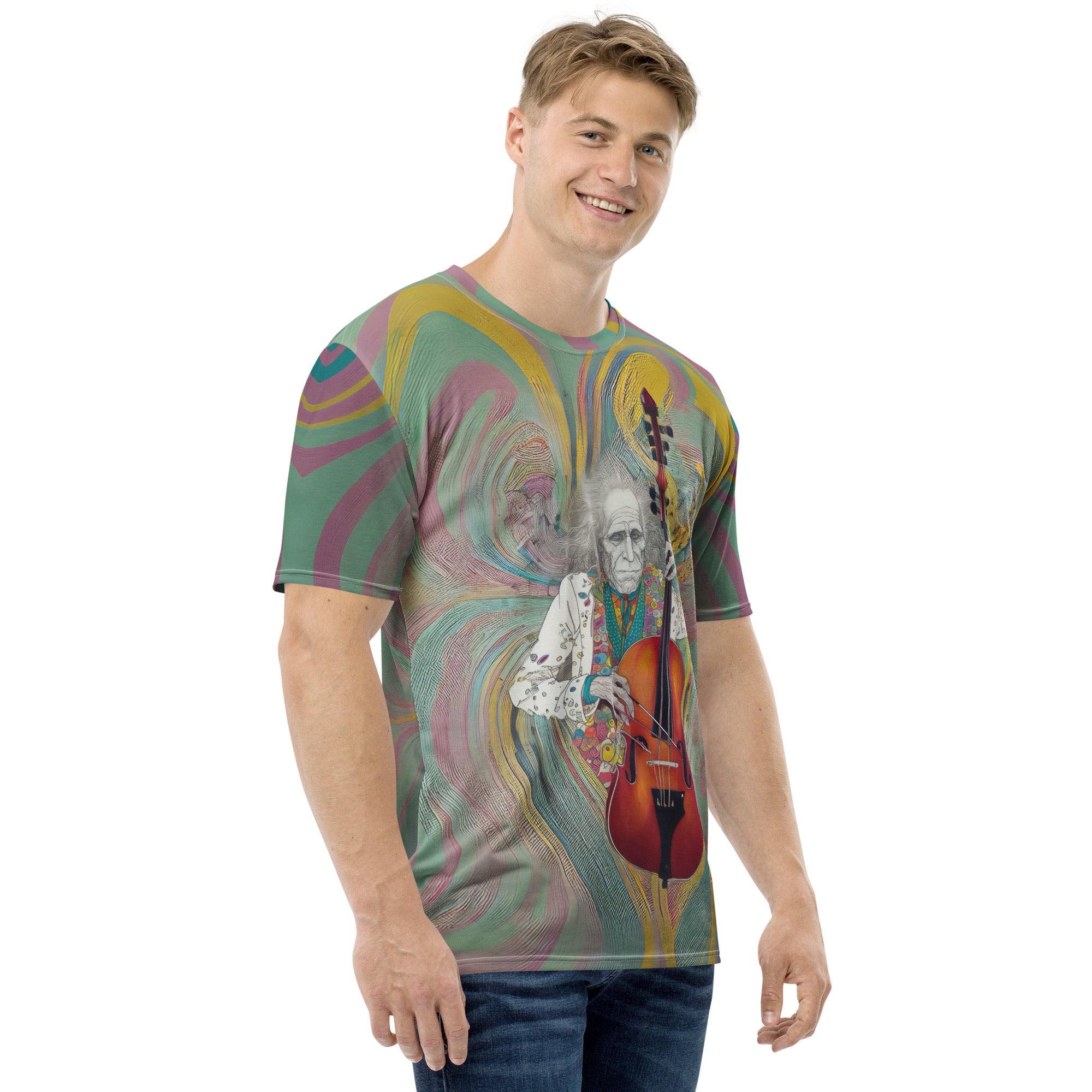 Model Wearing Whimsical Meadow Men's Tee Outdoors