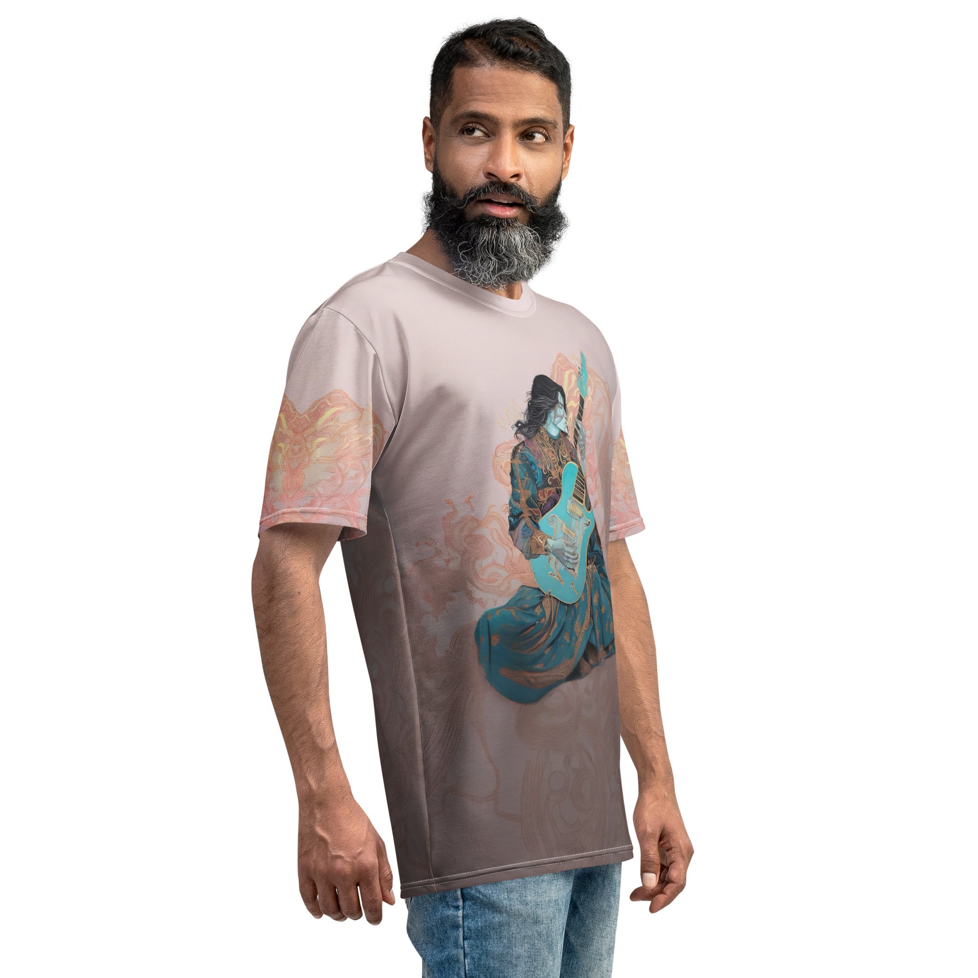 Model wearing Petal Whispers men's crewneck t-shirt.