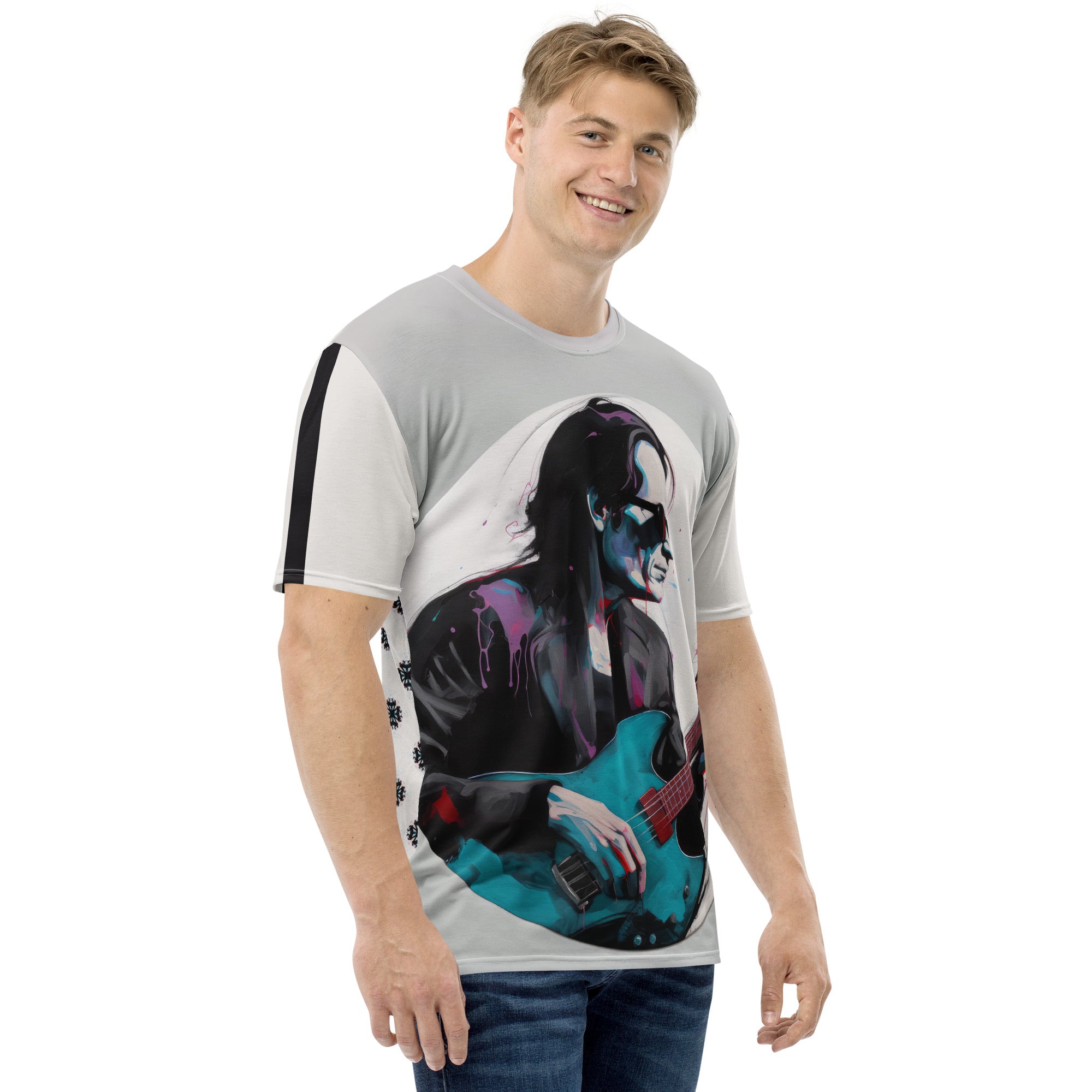 Colorful Northern Lights print on men's t-shirt.