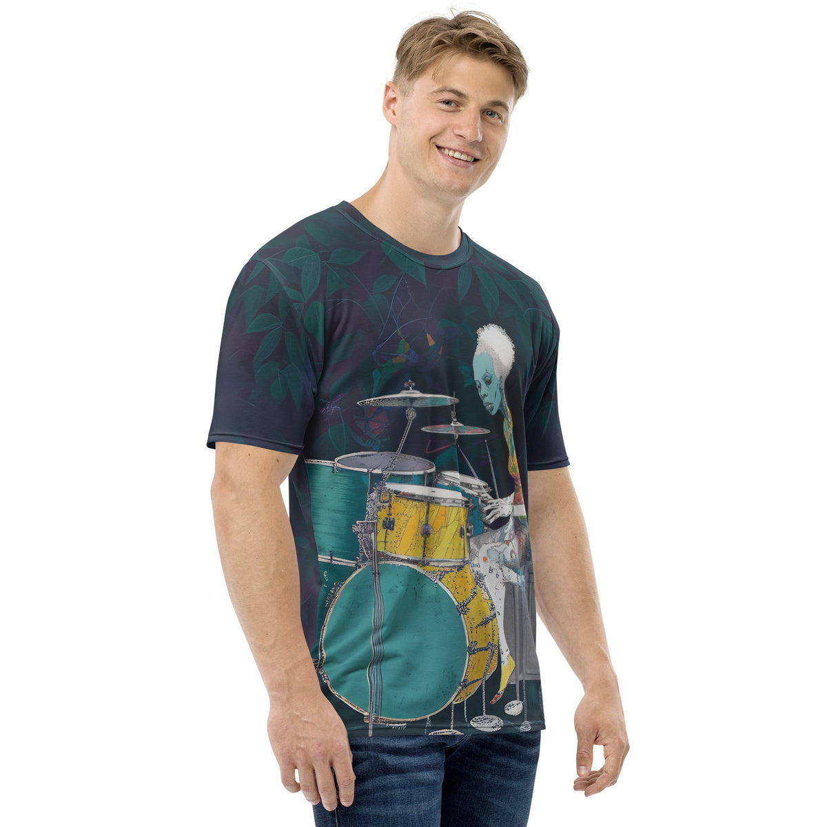 Front view of Tempo Twists Men's Crew Neck T-Shirt showcasing unique pattern.