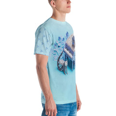 Close-up of origami ocean wave design on men's crew neck t-shirt.