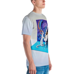 Model wearing Papercut Parrot Paradise Men's Crew Neck T-Shirt outdoors.