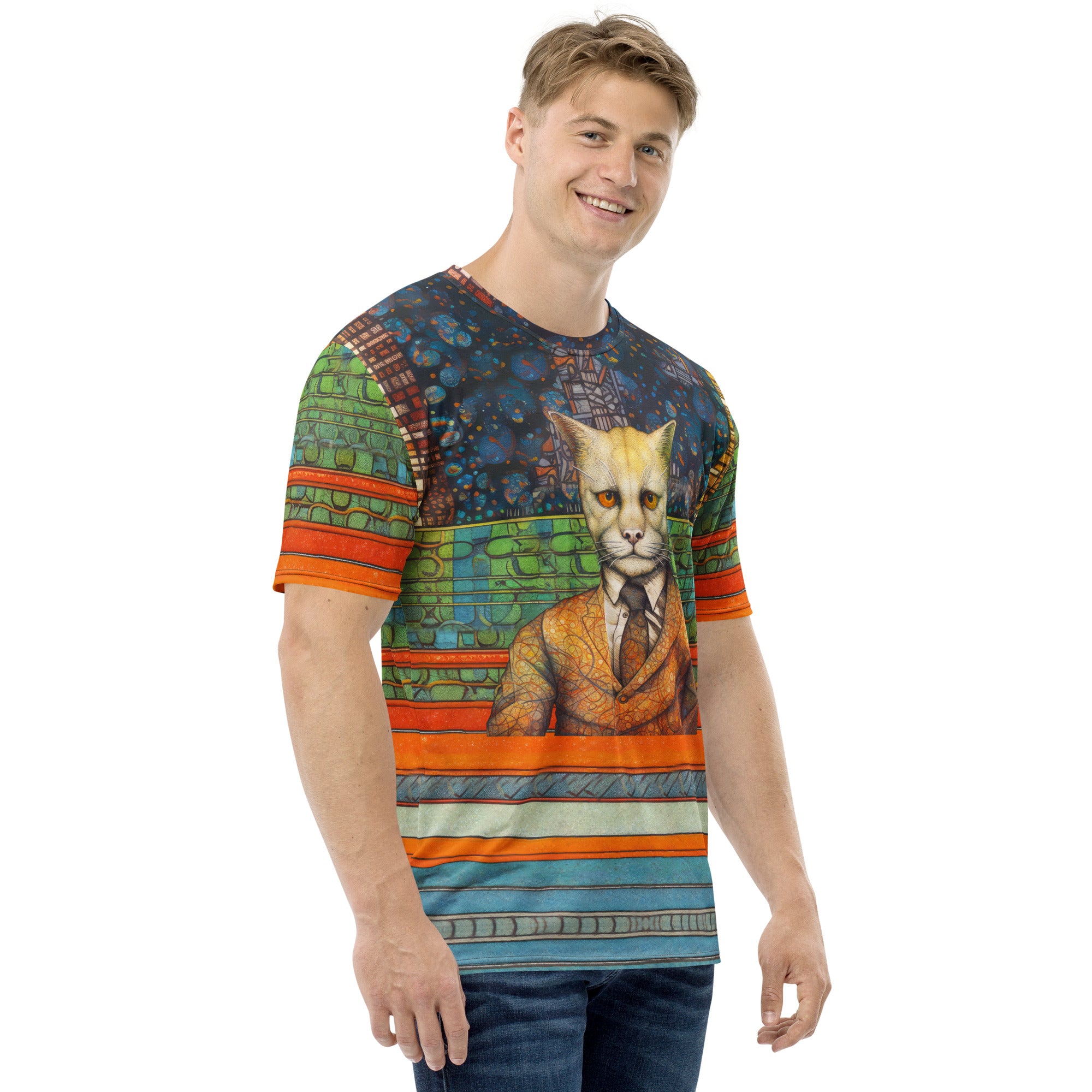 Stylish all-over cat print on men's crewneck t-shirt.