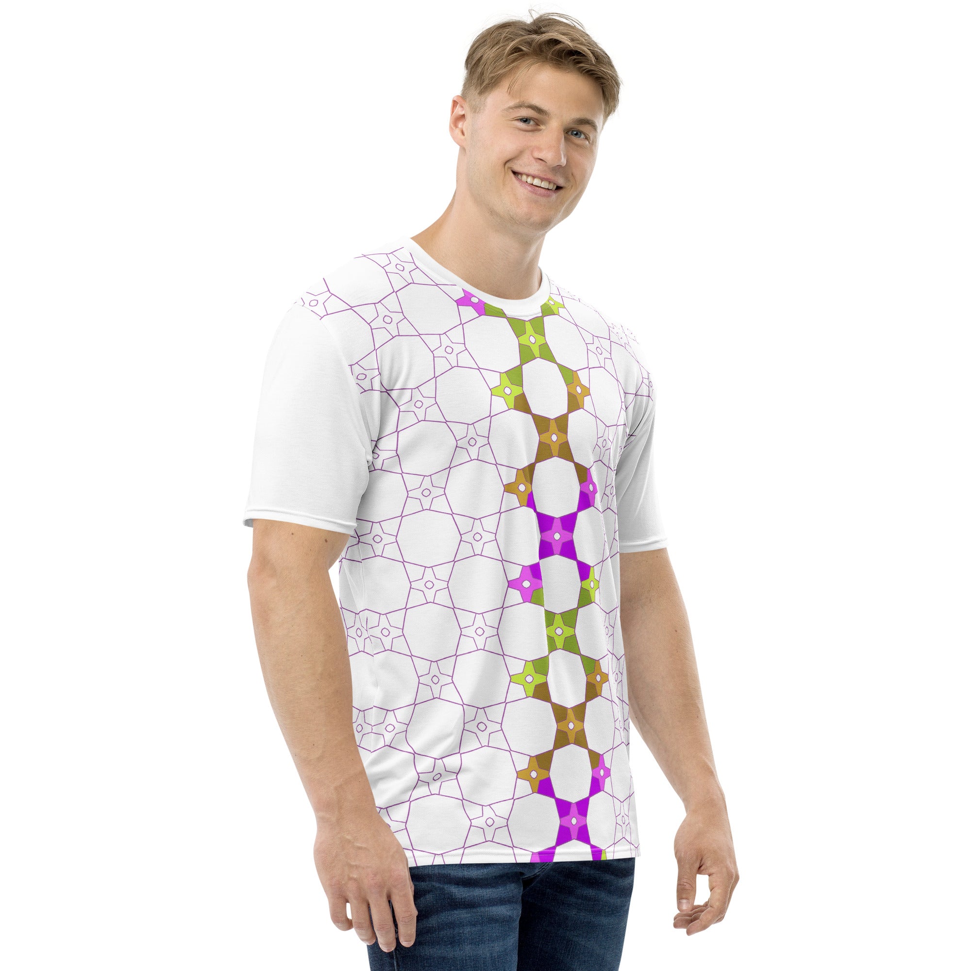 Detailed view of floral print on men's crew neck T-shirt.