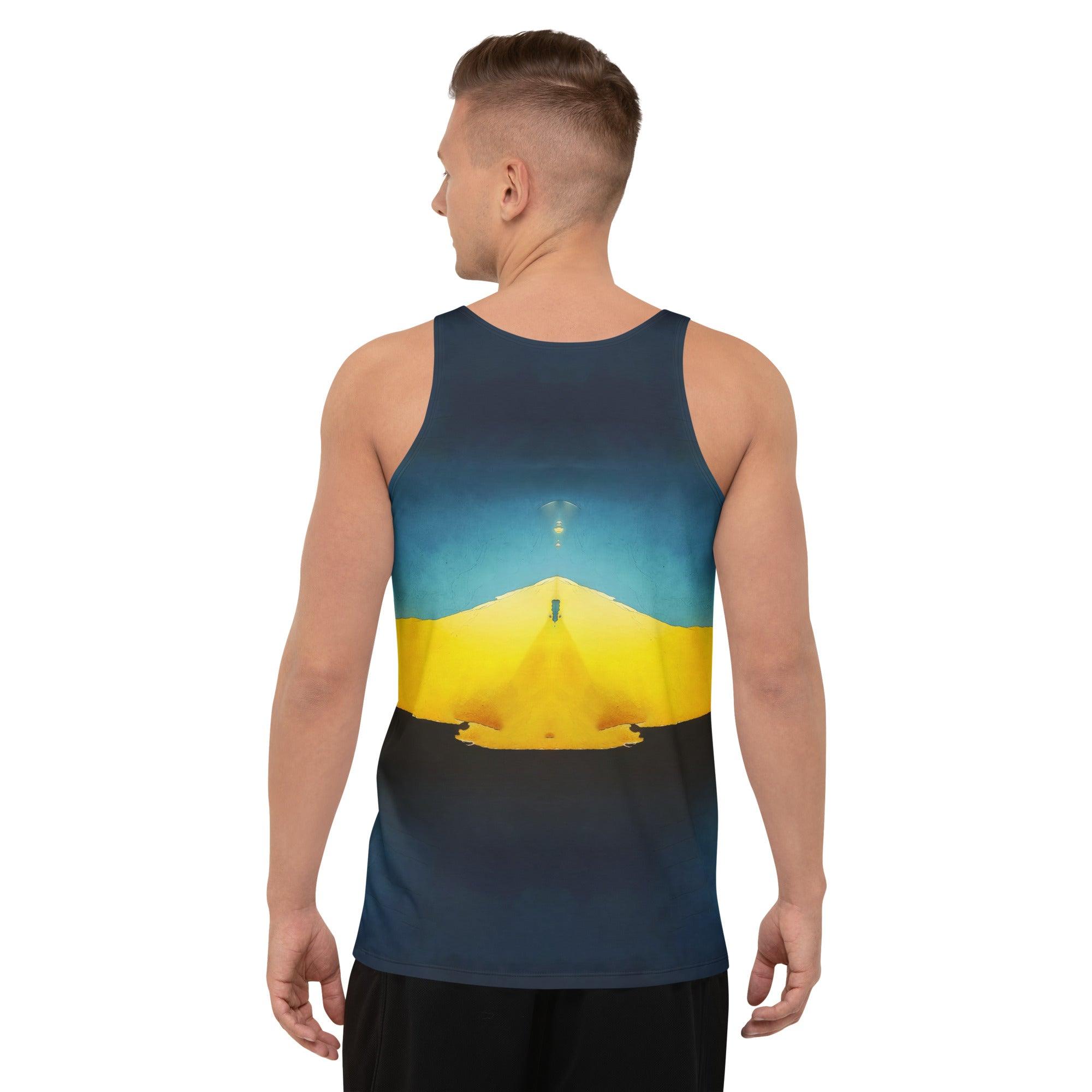 Stylish and durable SurArt 113 Men's Tank Top, featuring cutting-edge design for surfers and art lovers alike.