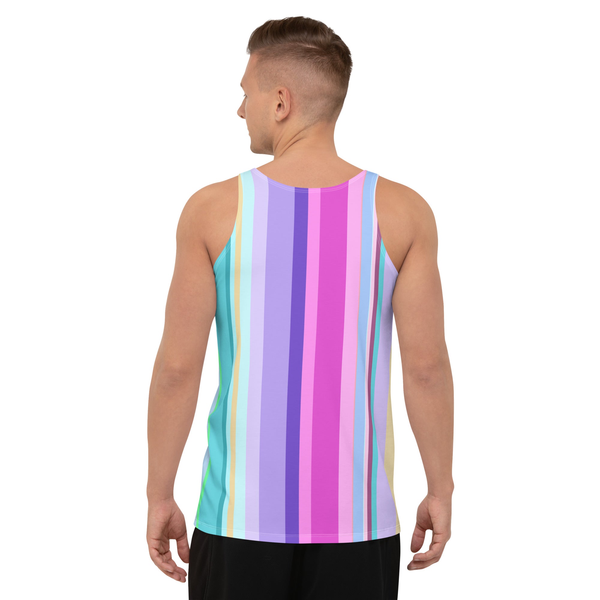 Close-up of monochrome waves pattern on men's tank top.