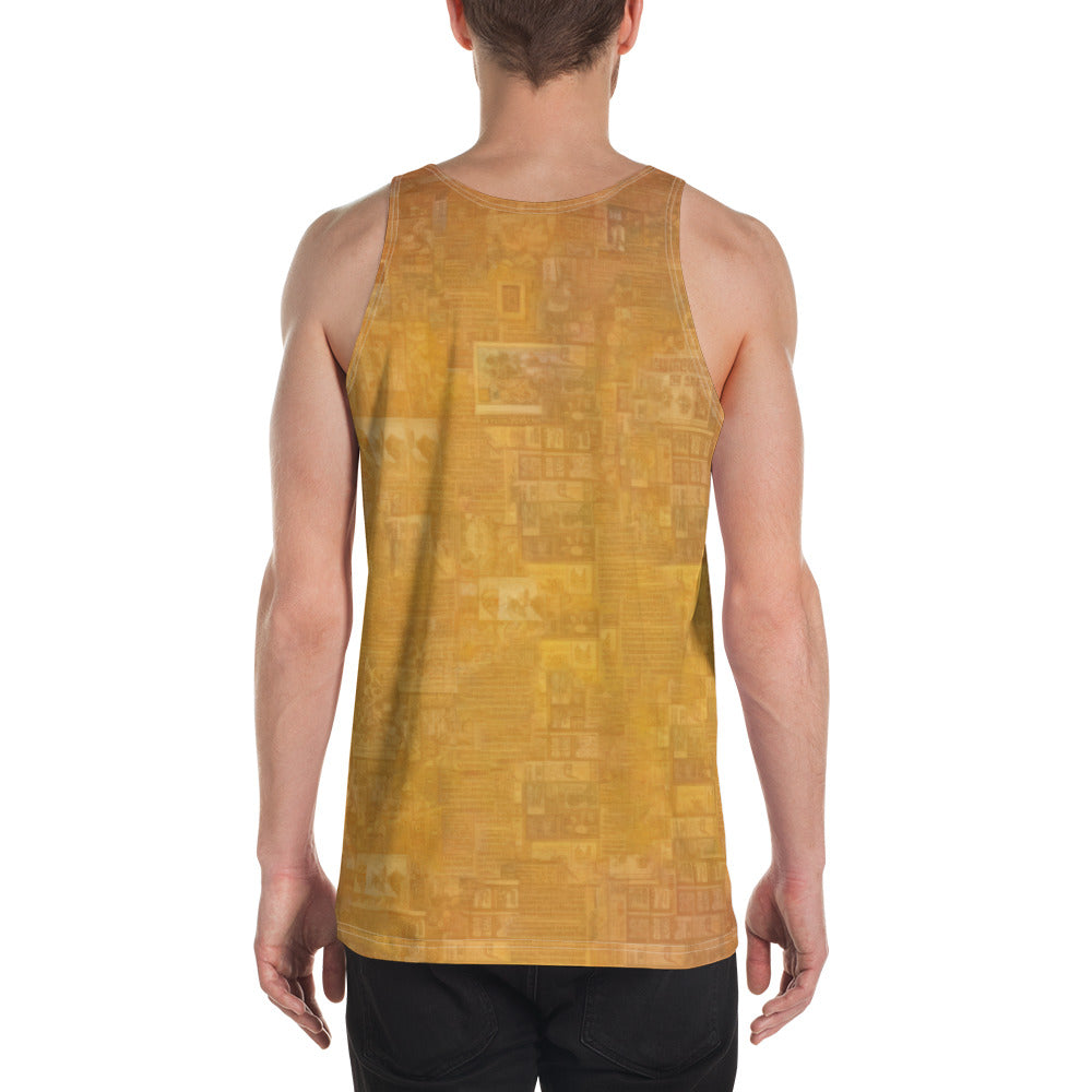 Close-up of tiger print on men's athletic tank top.