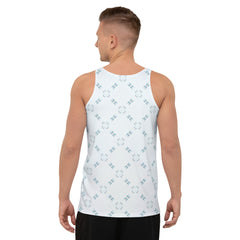 Man wearing Serene Crane Men's Tank Top in a casual setting.