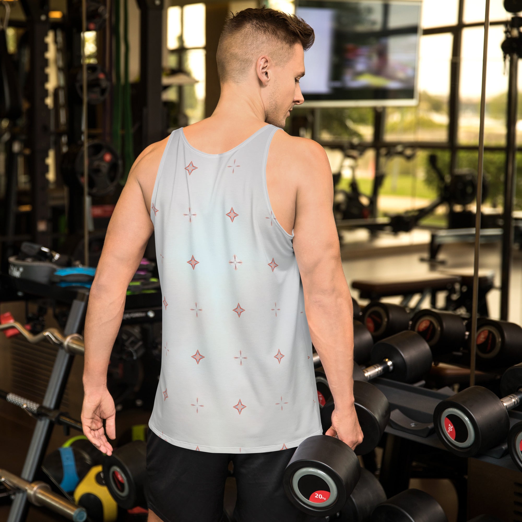 Close-up of butterfly print on men's tank top