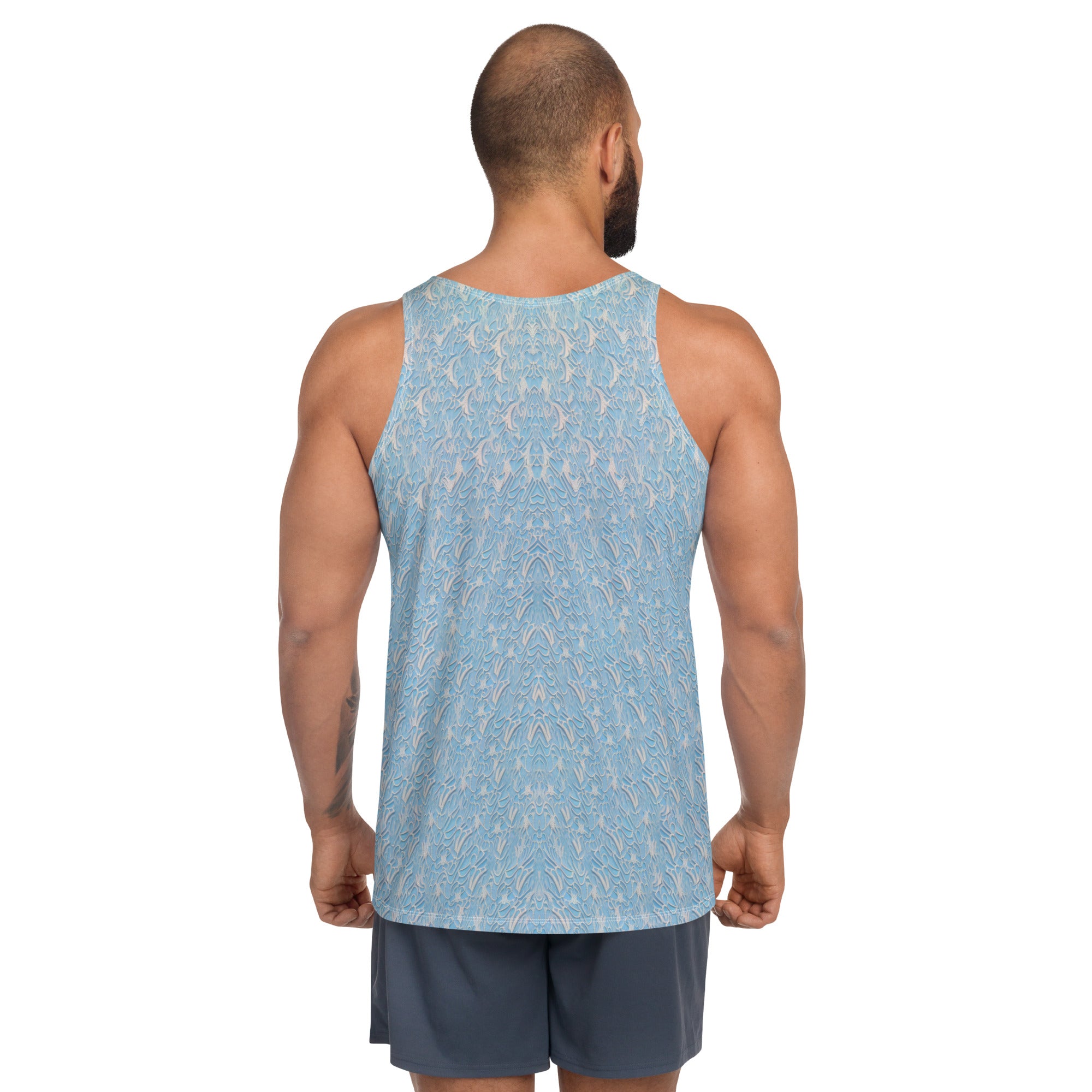 Close-up of the intricate samurai design on men's tank top.