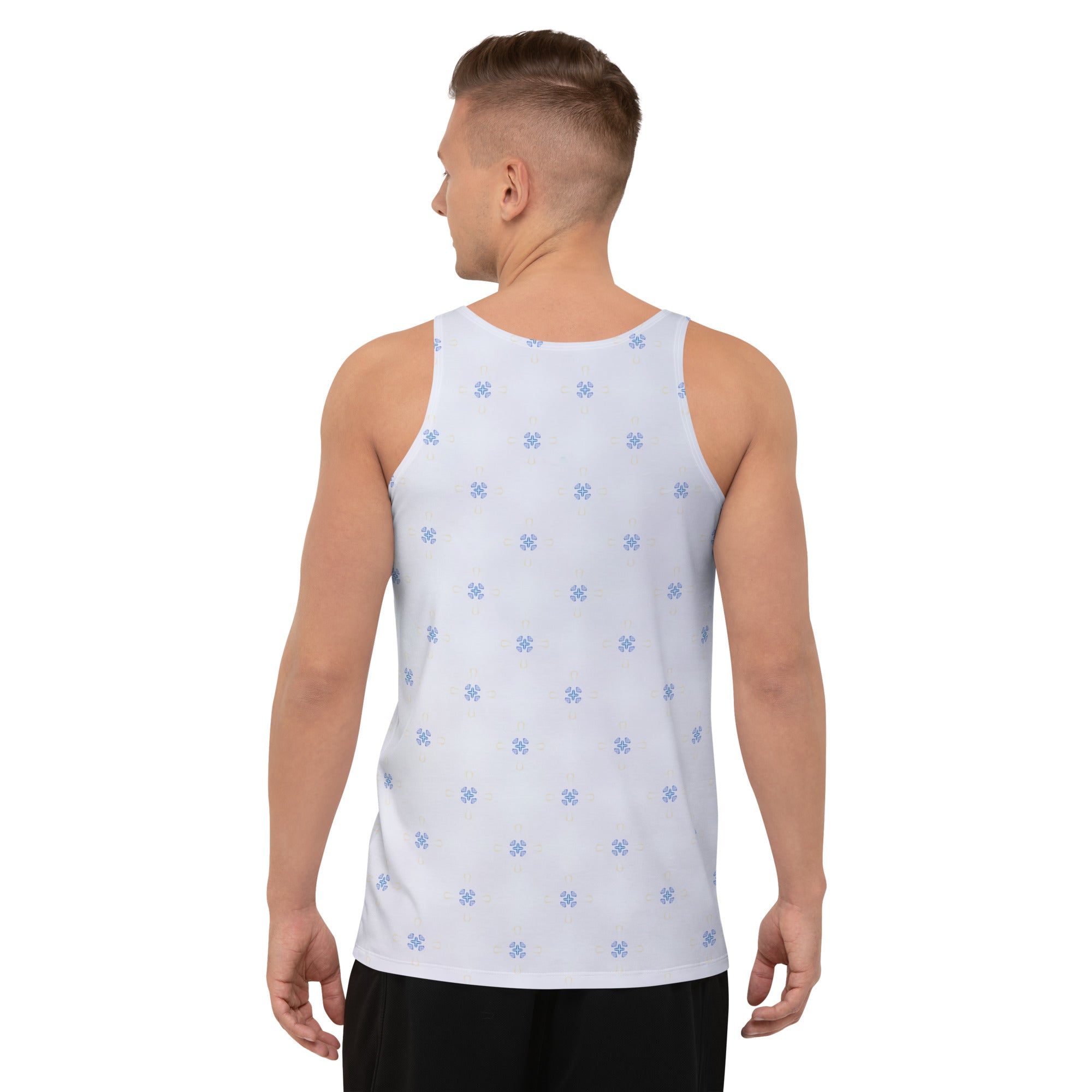 Men's space-inspired tank top showcasing galactic paper patterns.