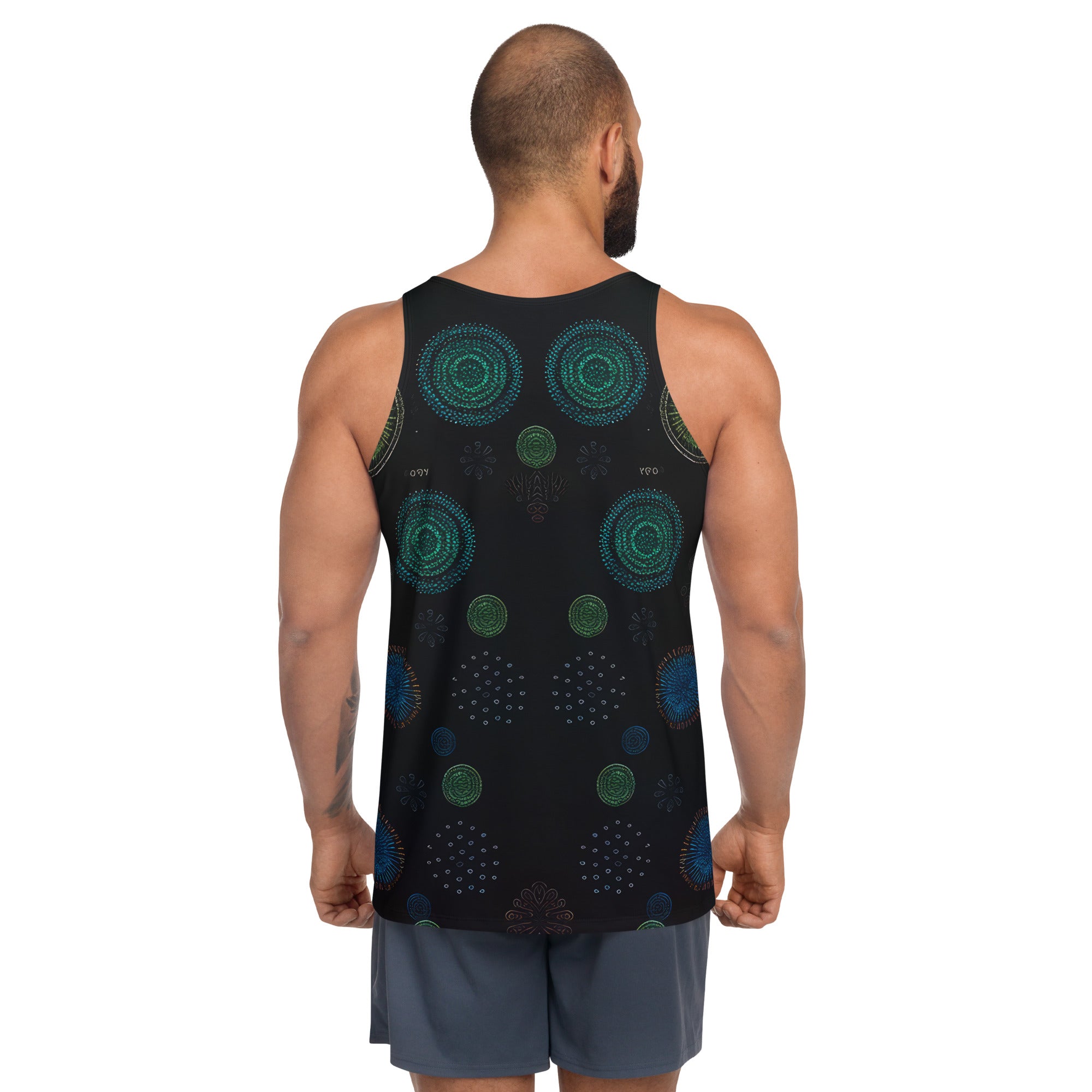 Man wearing Retro Pop Tank Top with vintage design details.