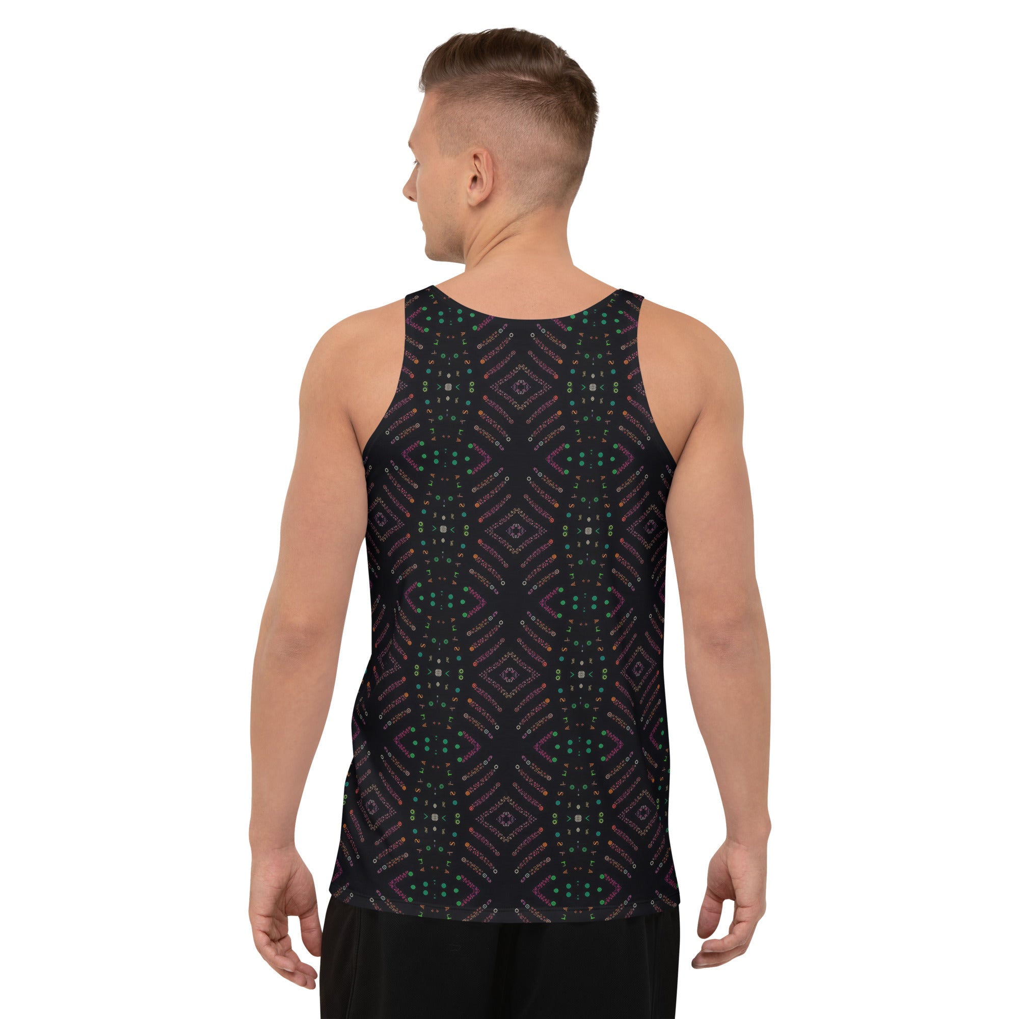 Stylish men wearing a colorful sketch design tank top for summer.