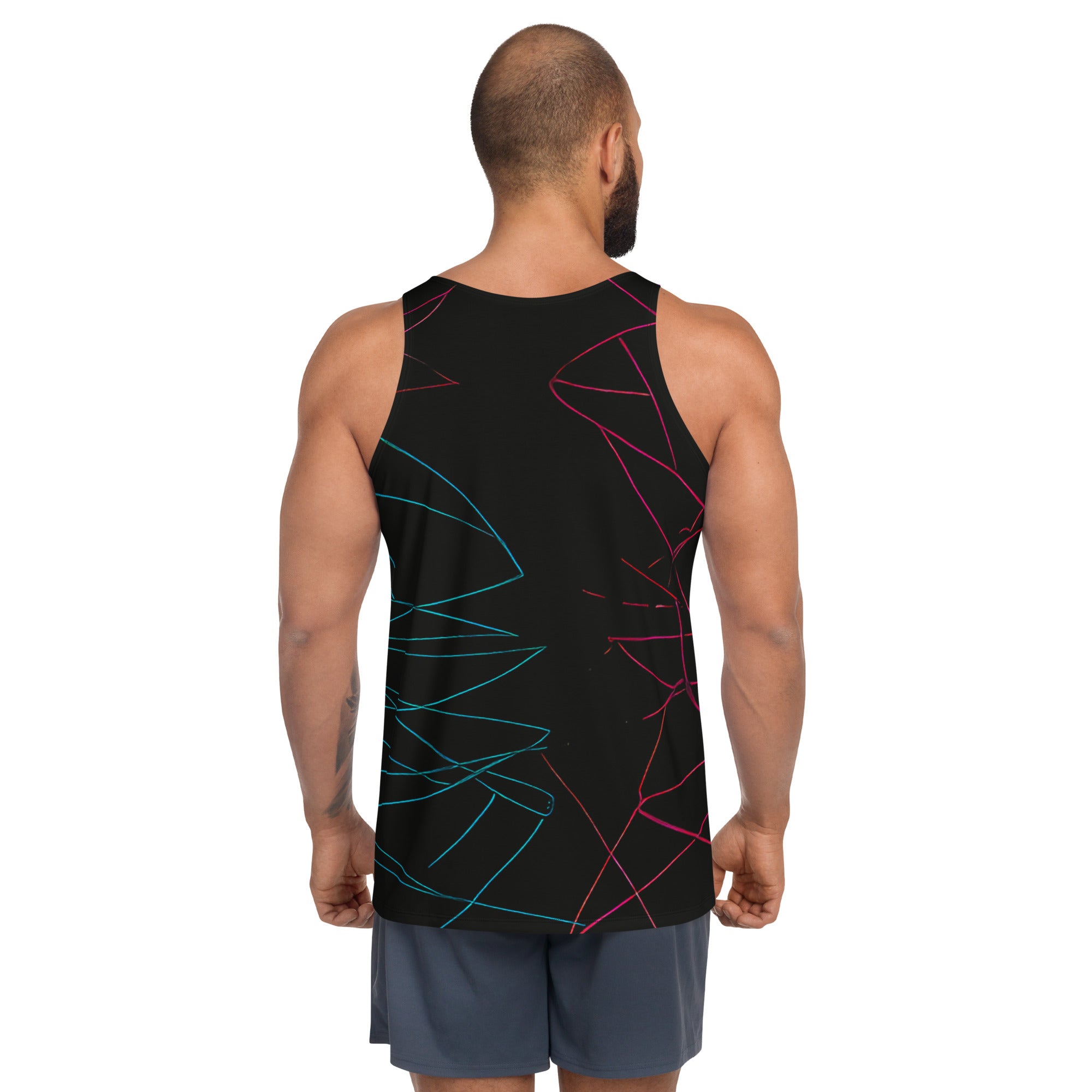 Blossom Breeze Men's Tank Top displayed on a clothing rack.