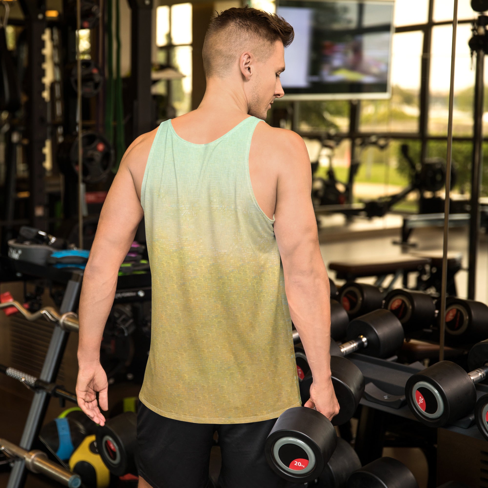 Close-up of Feline Frenzy tank top for men.