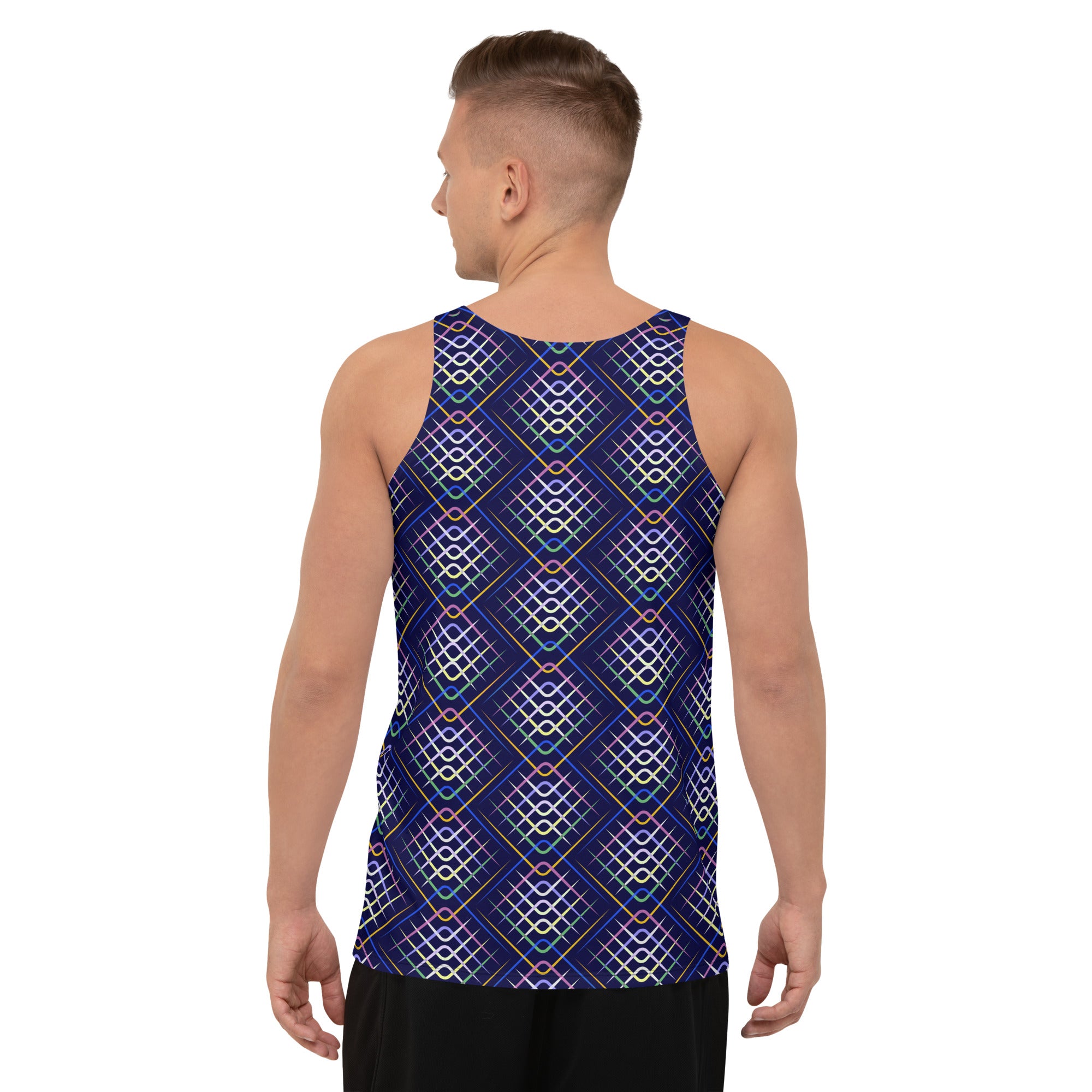 Futuristic Hex design on a stylish men's tank top