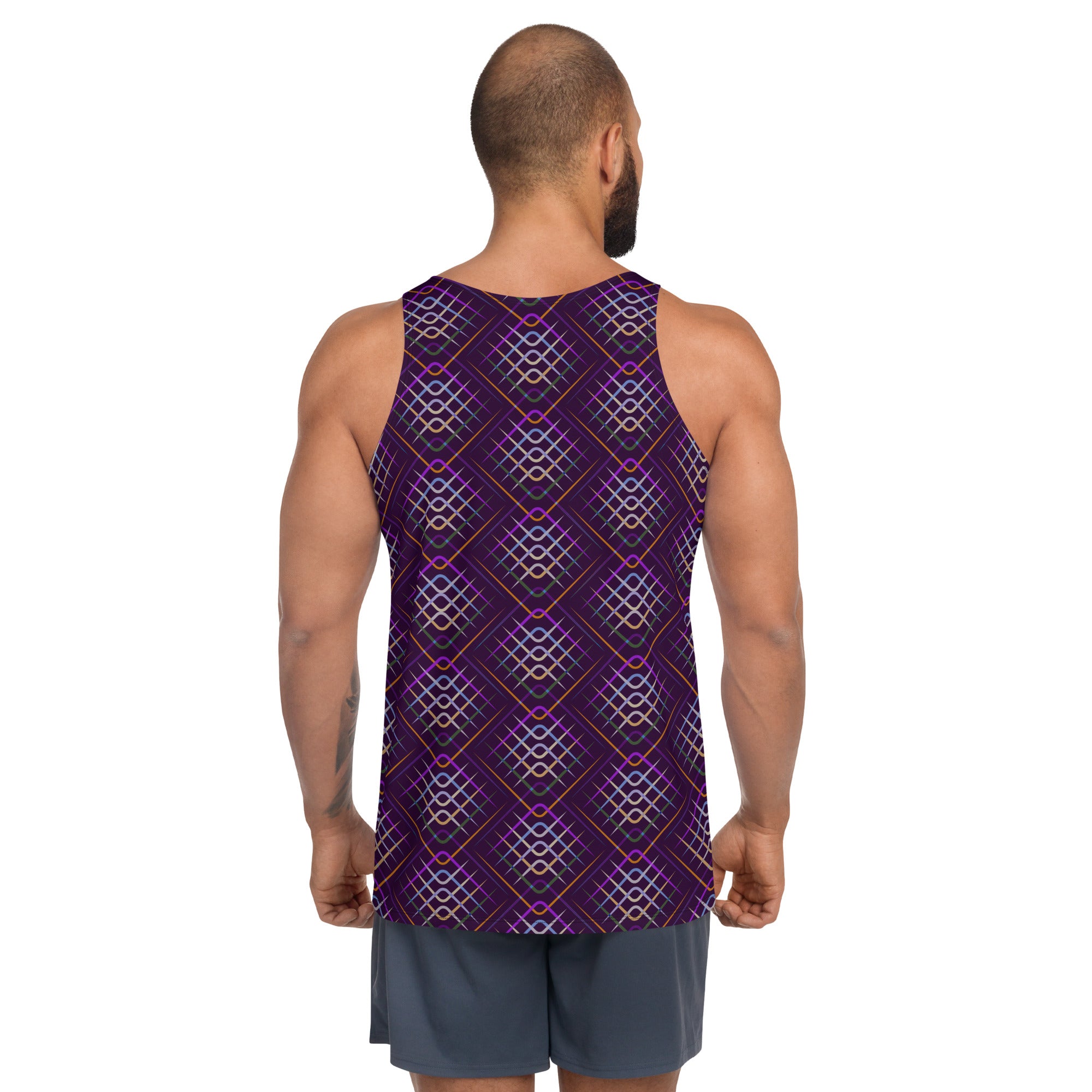 Front view of Dynamic Dots Men's Tank Top on display