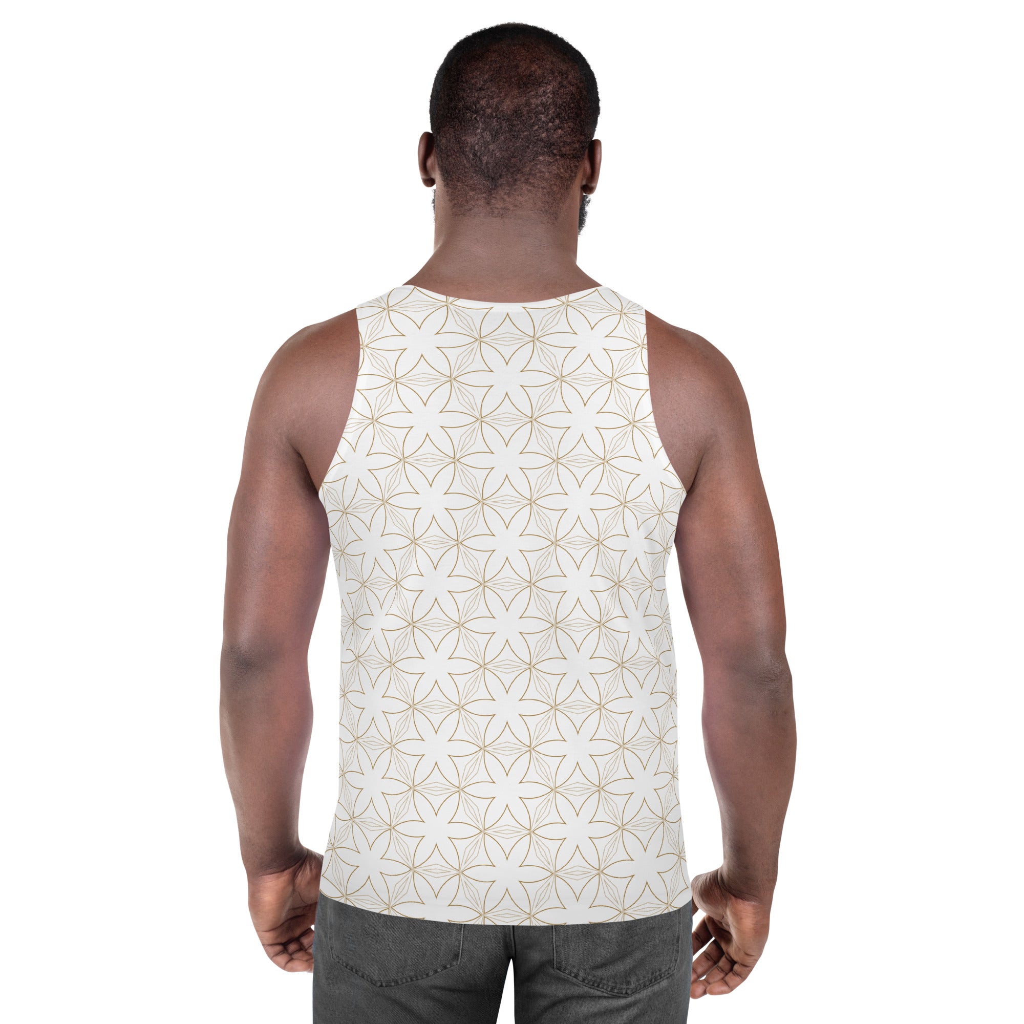 Man wearing Geometric Maze Men's Tank Top outdoors.